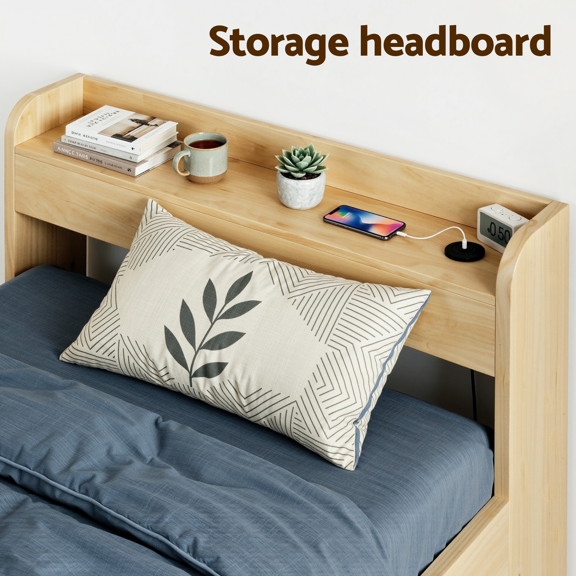 Artiss King Single Bed Frame with 2 Drawers Platform Bed with Headboard Bed Base with USB Ports Natural - Image 5