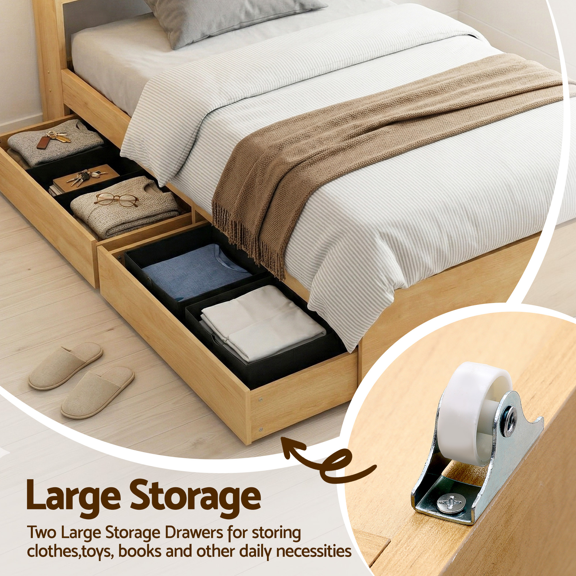 Artiss King Single Bed Frame with 2 Drawers Platform Bed with Headboard Bed Base with USB Ports Natural - Image 6