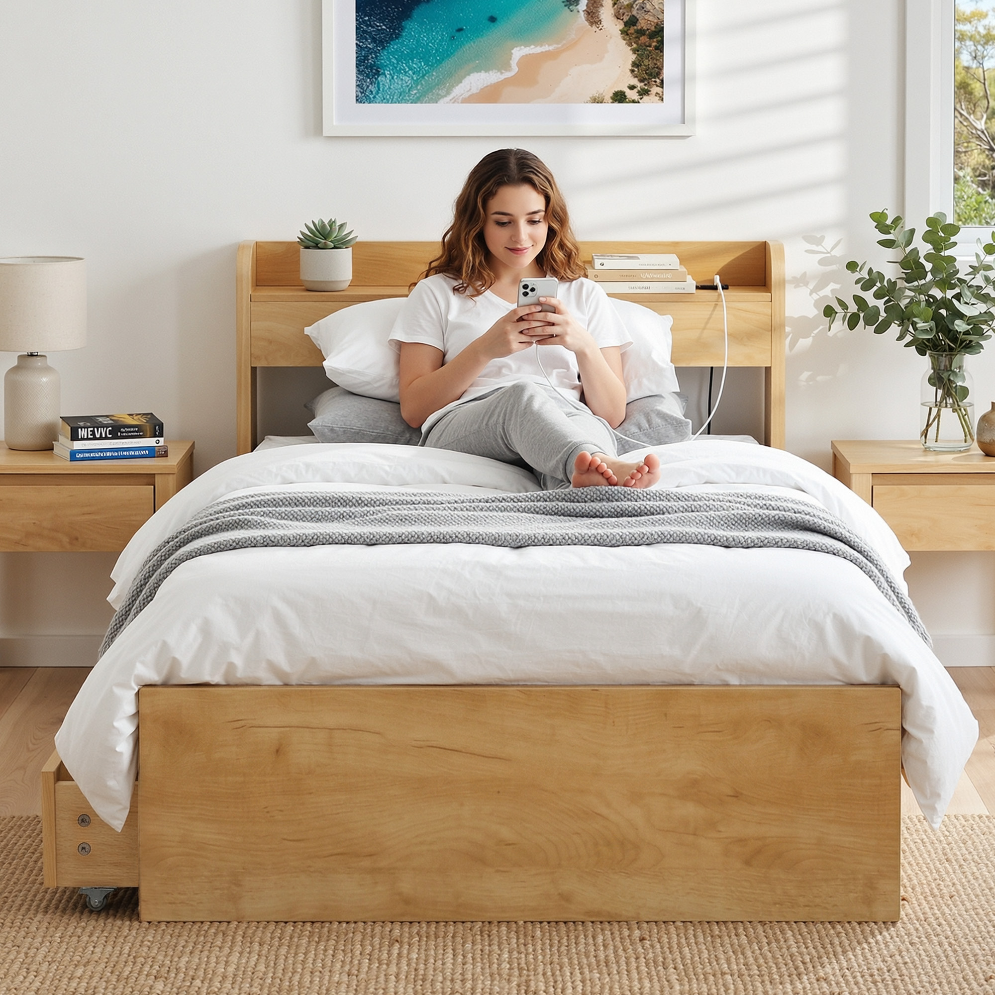 Artiss King Single Bed Frame with 2 Drawers Platform Bed with Headboard Bed Base with USB Ports Natural - Image 8