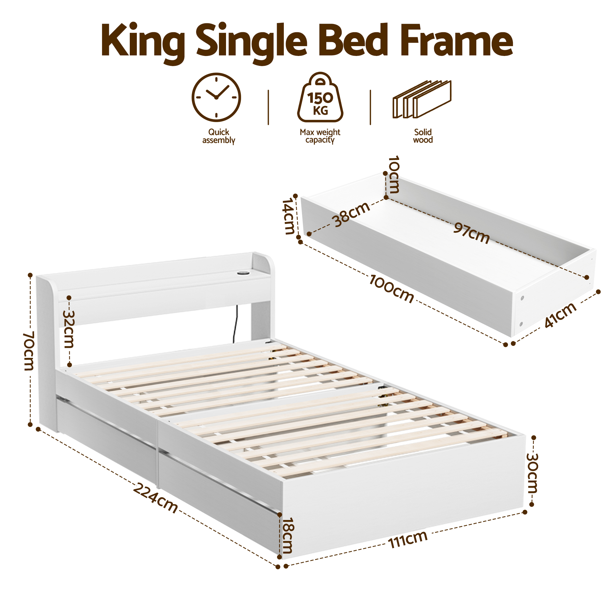 Artiss Bed Frame King Single Size with Charging Ports and 2 Drawers AURA - Image 2