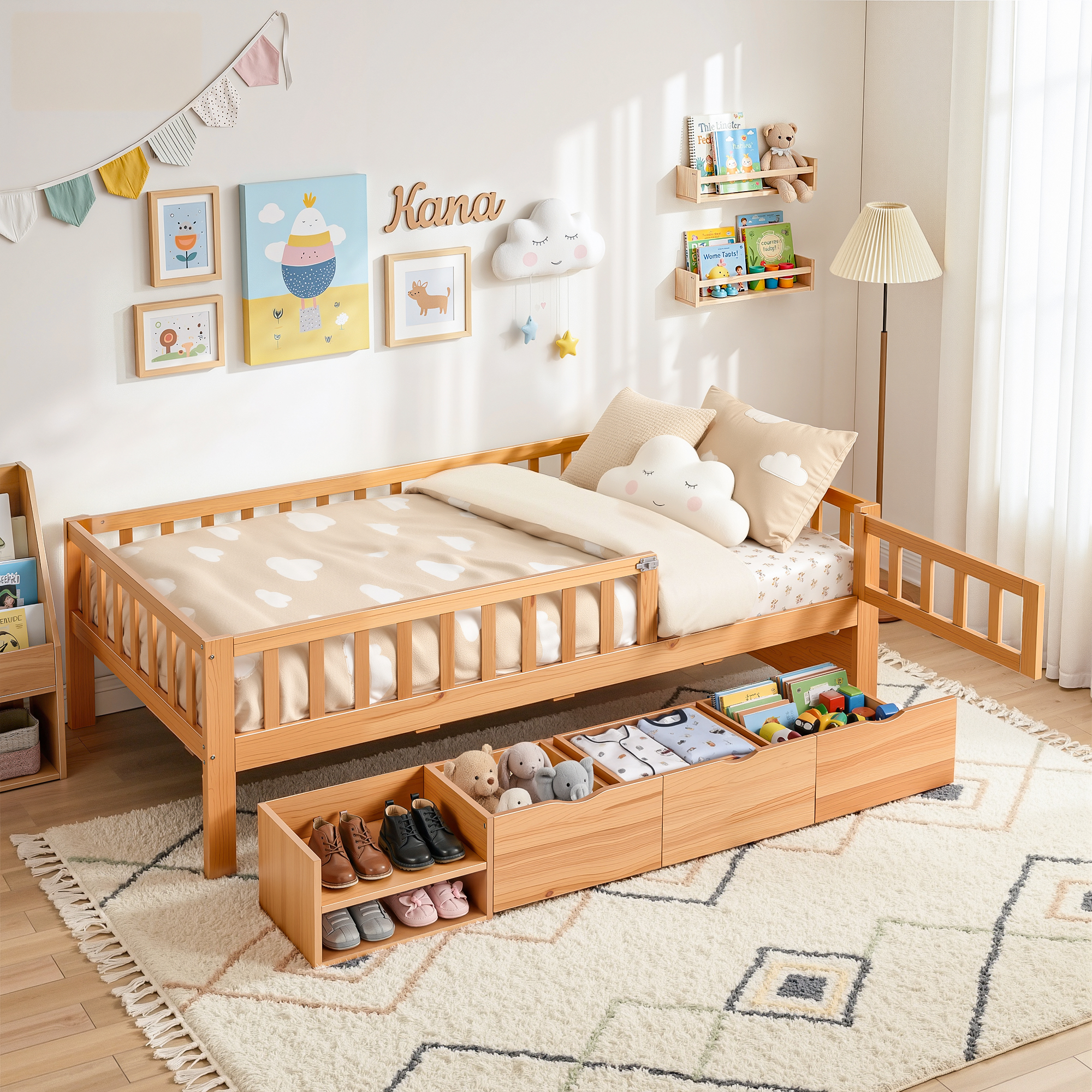 Artiss Kids Single Bed Frame with 3 Storage Drawer Montessori Bed for Toddler Natural - Image 1