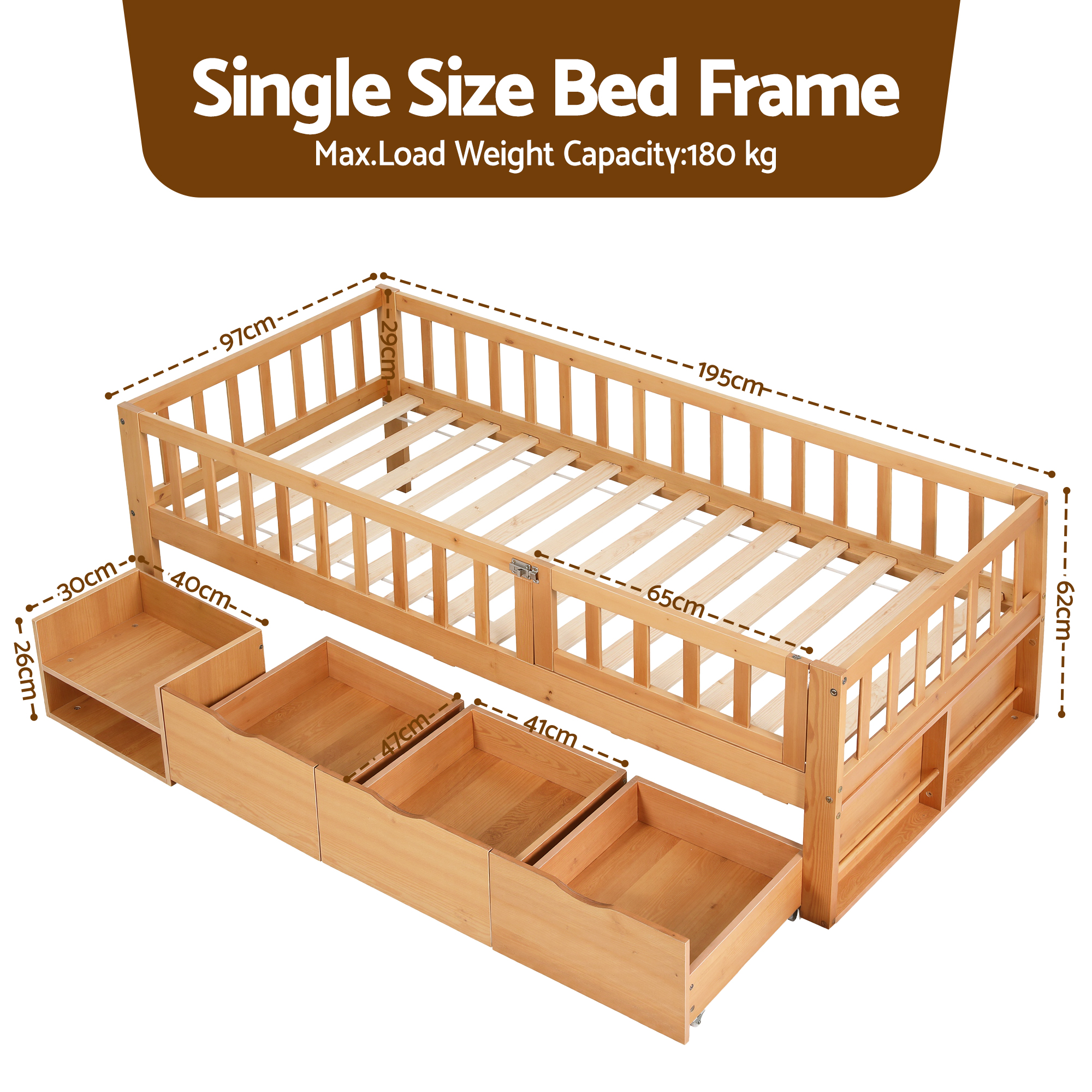 Artiss Kids Single Bed Frame with 3 Storage Drawer Montessori Bed for Toddler Natural - Image 2