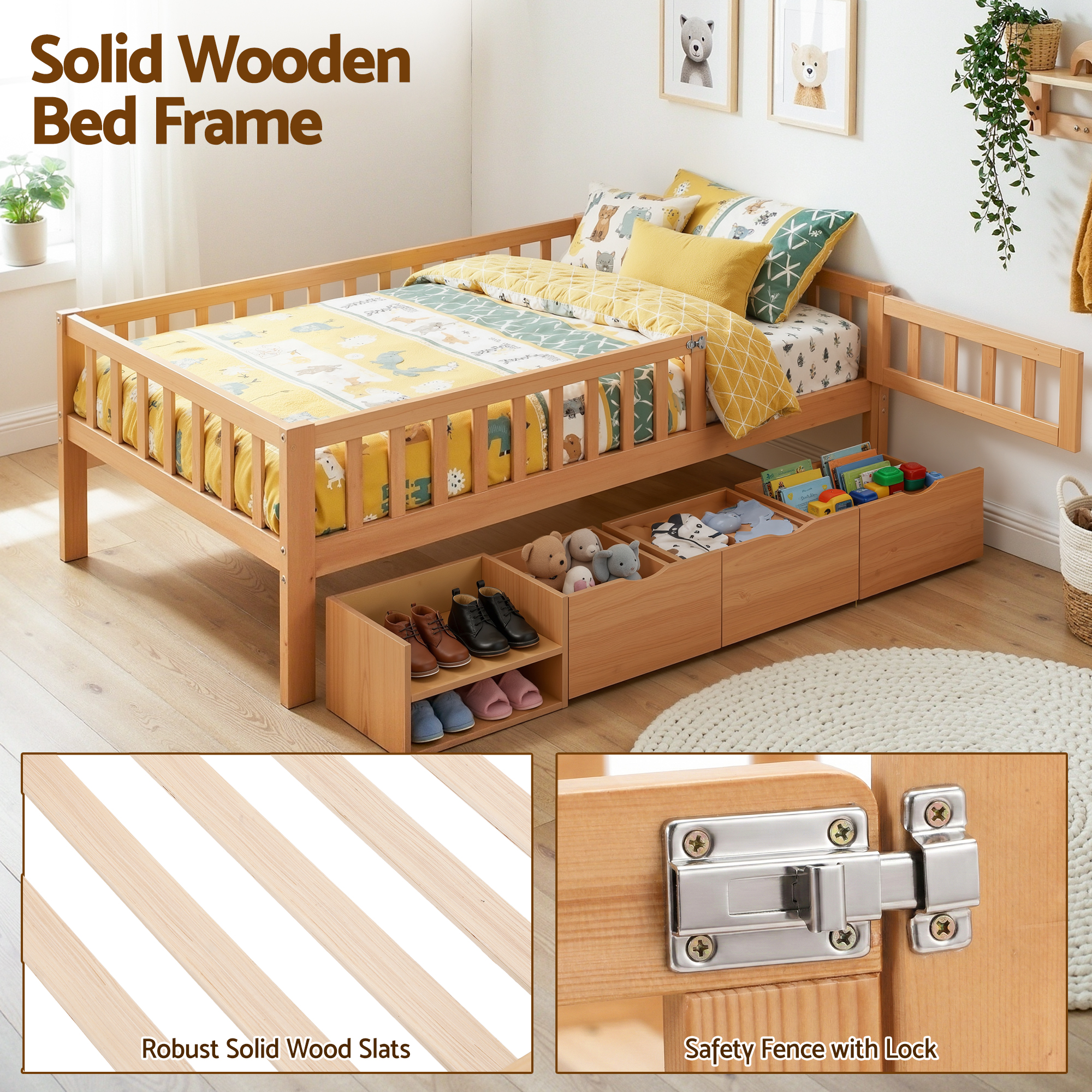 Artiss Kids Single Bed Frame with 3 Storage Drawer Montessori Bed for Toddler Natural - Image 4