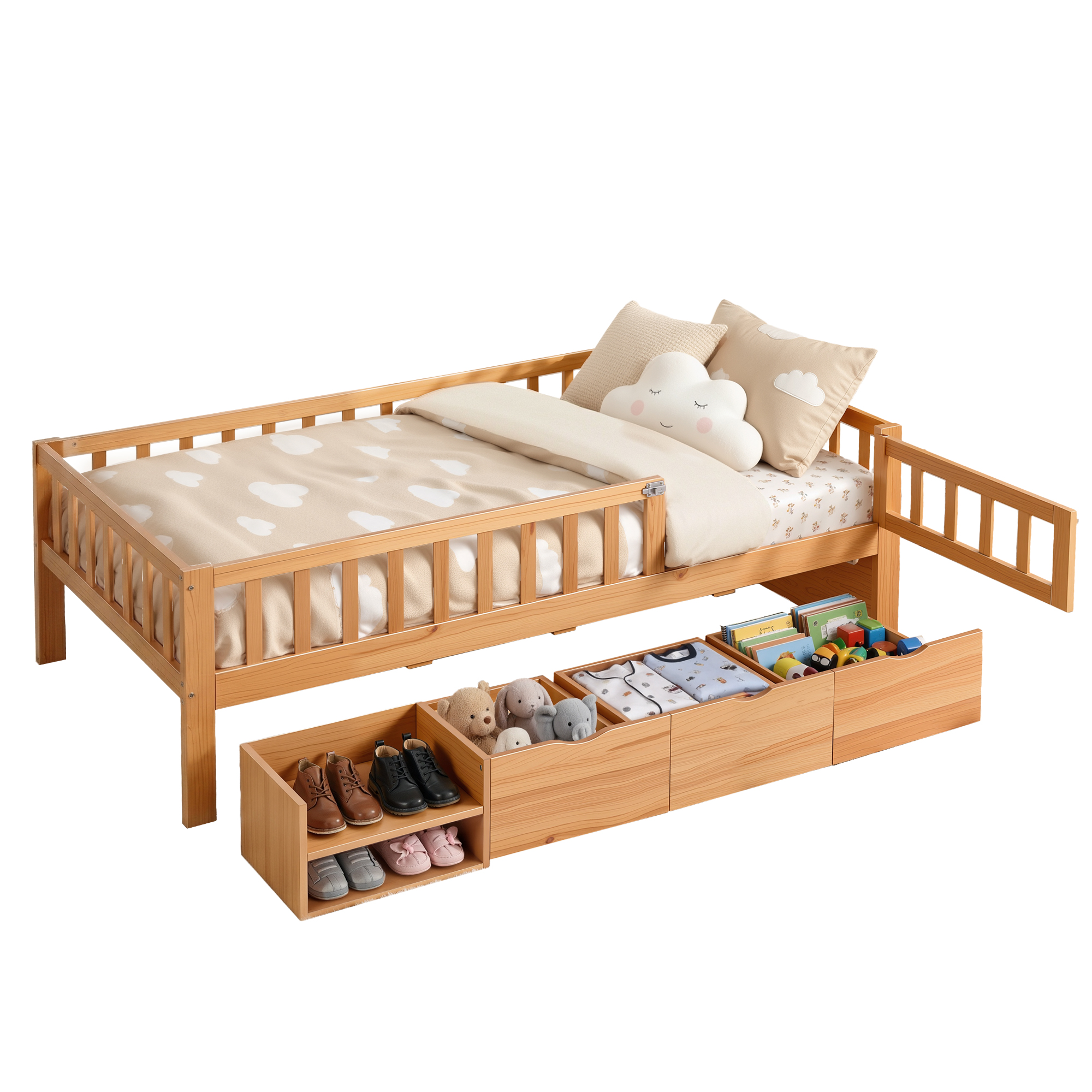Artiss Kids Single Bed Frame with 3 Storage Drawer Montessori Bed for Toddler Natural - Image 8