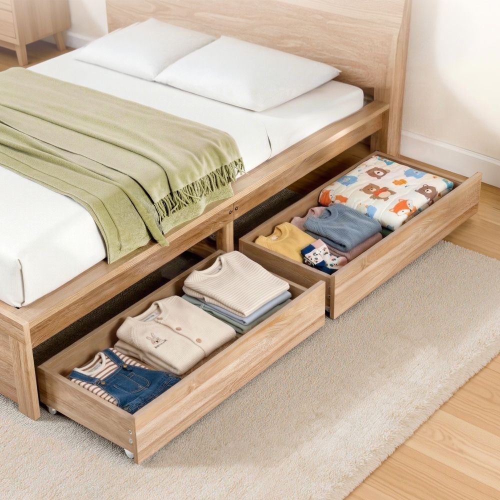 Artiss 2pcs Under Bed Storage with Wheels Rolling Wooden Drawers Single & Double - Image 4