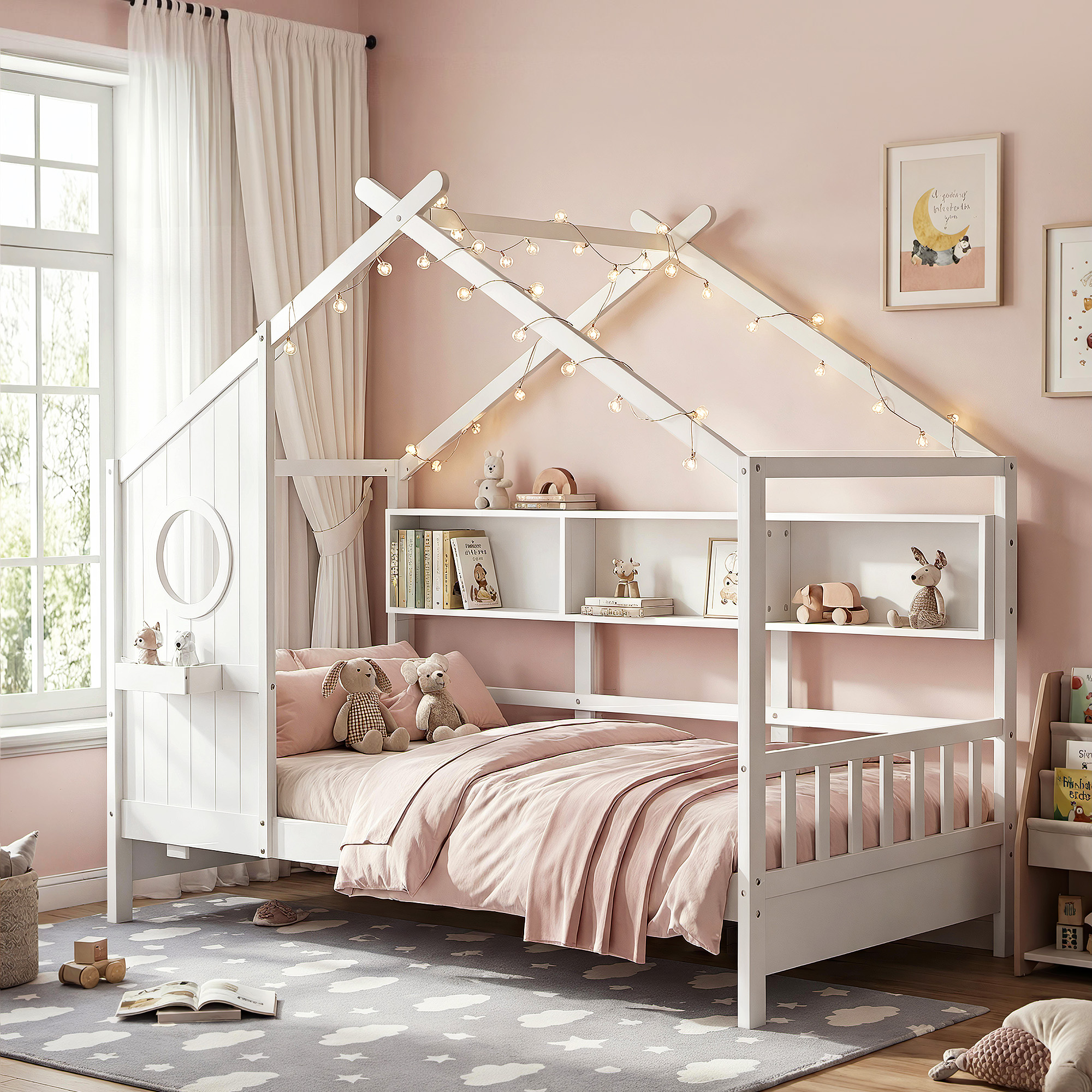 Artiss Kids Single Bed Frame House Bed Solid Wood Montessori Bed for Toddler White - Image 1