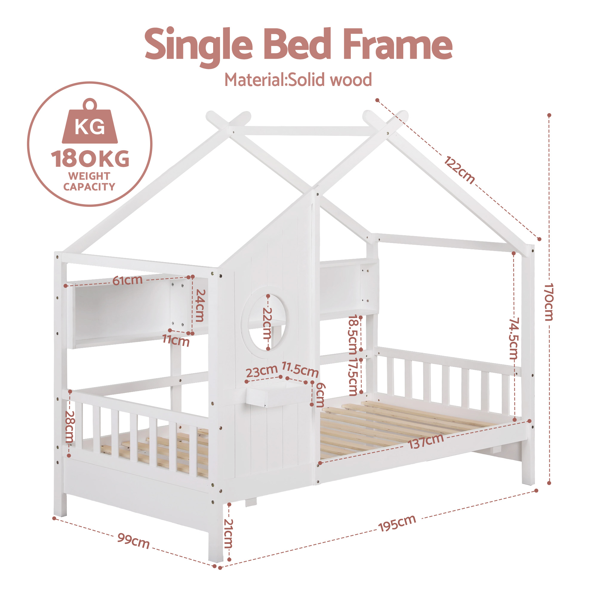 Artiss Kids Single Bed Frame House Bed Solid Wood Montessori Bed for Toddler White - Image 2