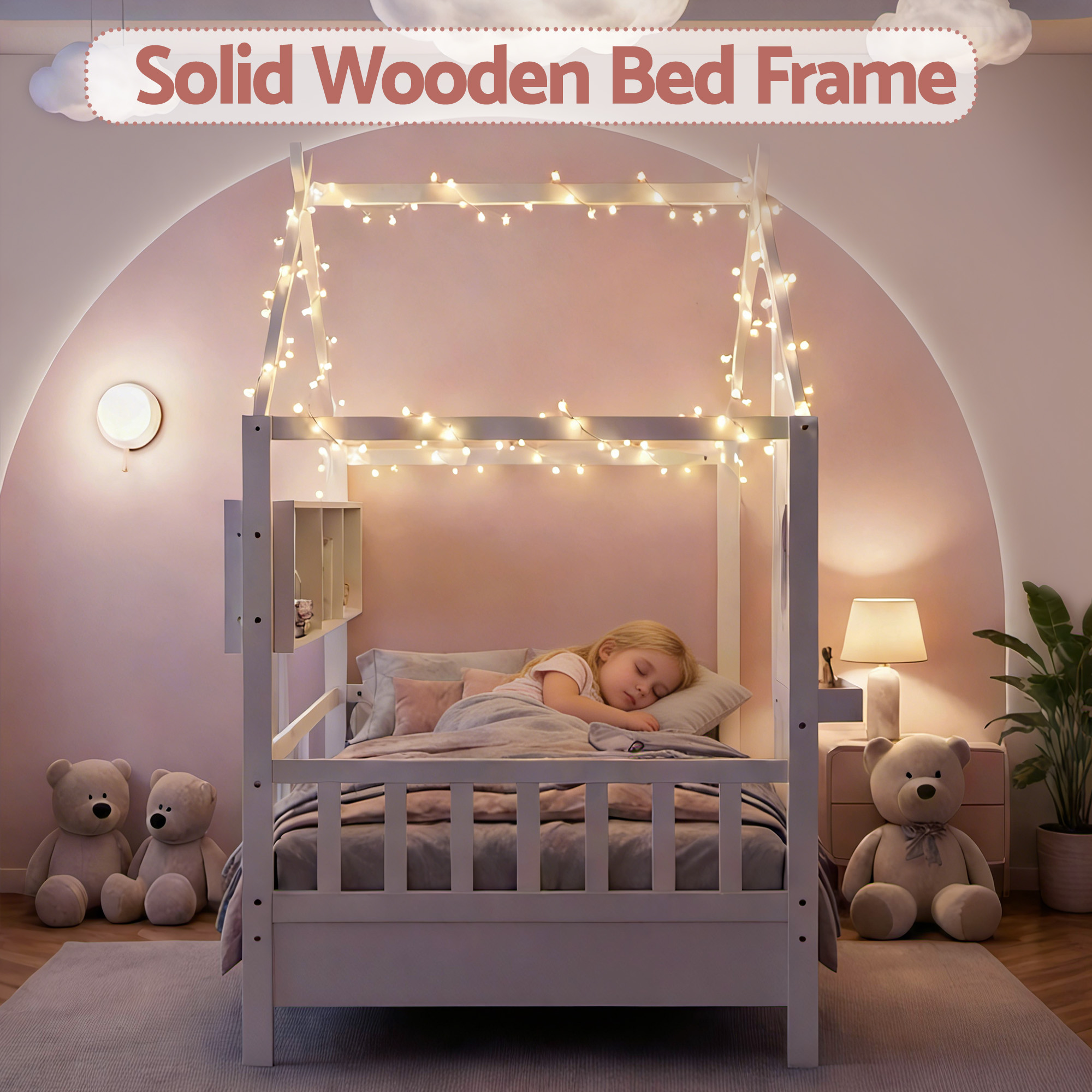 Artiss Kids Single Bed Frame House Bed Solid Wood Montessori Bed for Toddler White - Image 7