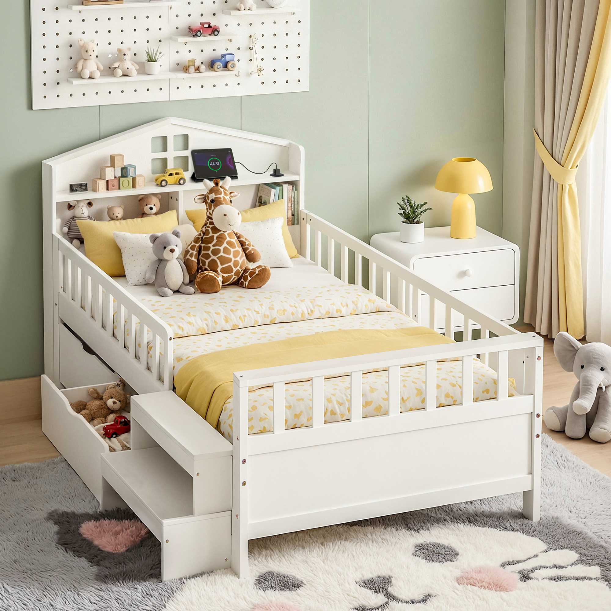 Artiss Single Bed Frame with 2 Storage Drawers, Montessori Bed with Headboard, 2 USB Ports & Led Light, Solid Wood Platform Bed Base with Safety Rail & Ladder, 31CM Under-Bed Storage, White - Image 1