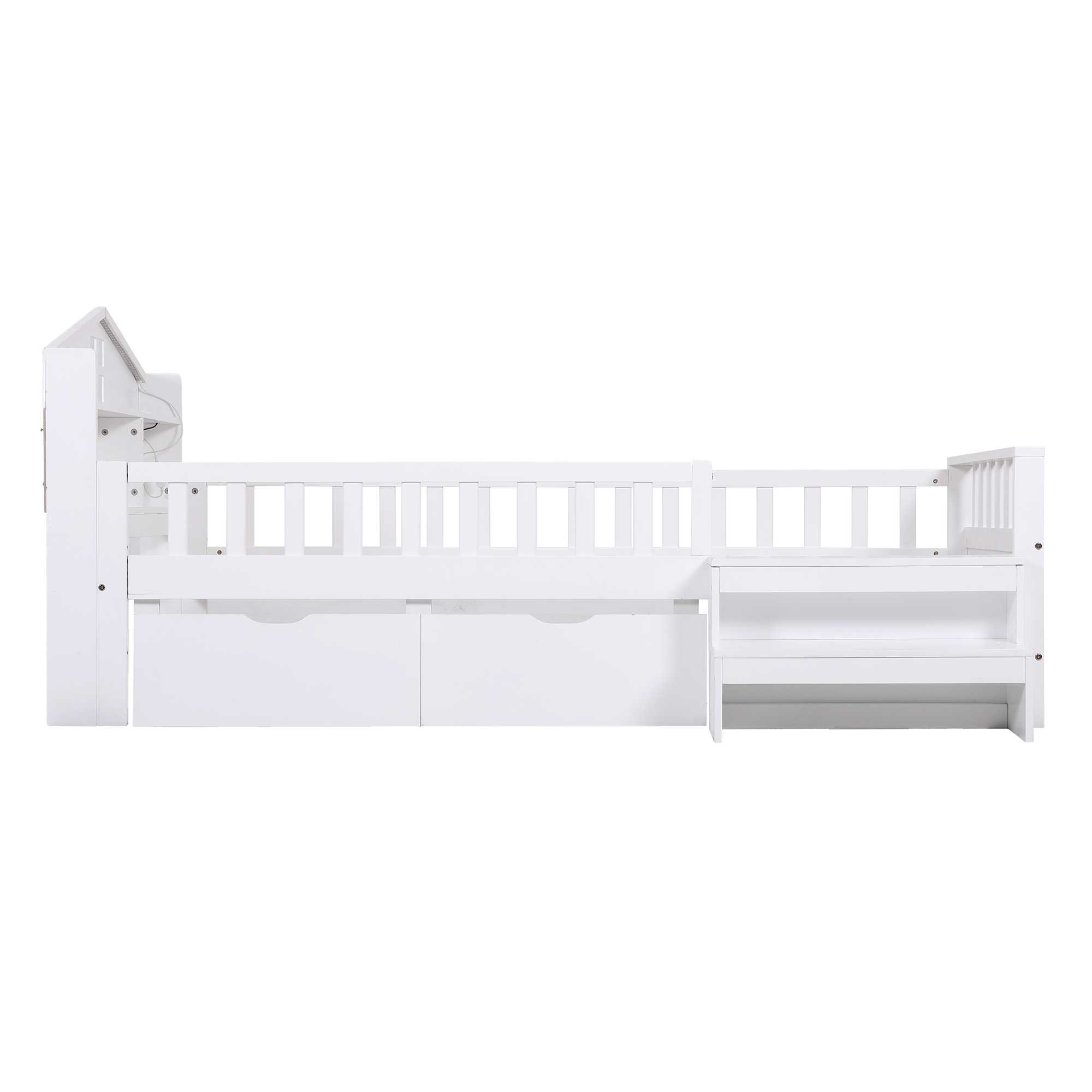 Artiss Single Bed Frame with 2 Storage Drawers, Montessori Bed with Headboard, 2 USB Ports & Led Light, Solid Wood Platform Bed Base with Safety Rail & Ladder, 31CM Under-Bed Storage, White - Image 3