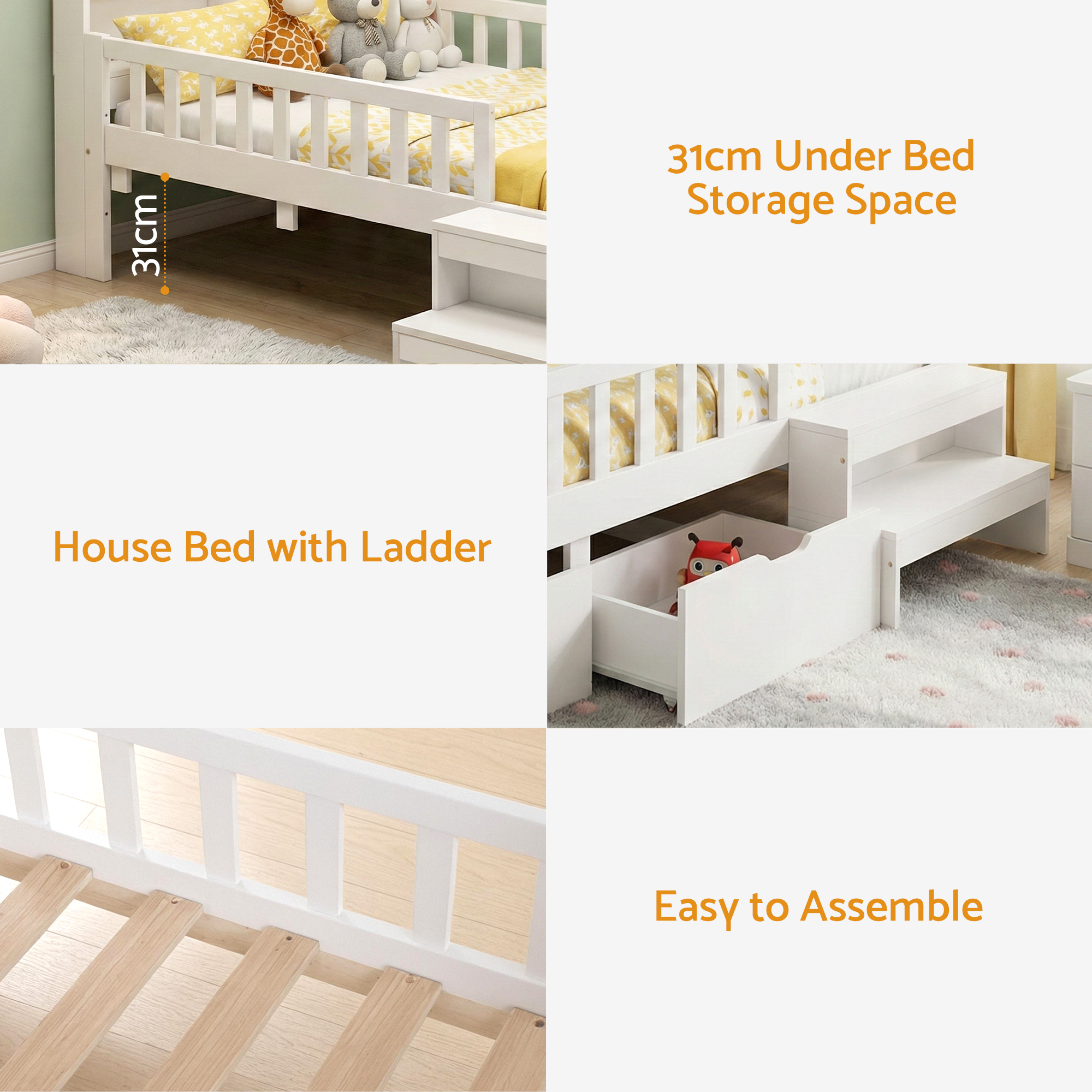 Artiss Single Bed Frame with 2 Storage Drawers, Montessori Bed with Headboard, 2 USB Ports & Led Light, Solid Wood Platform Bed Base with Safety Rail & Ladder, 31CM Under-Bed Storage, White - Image 7