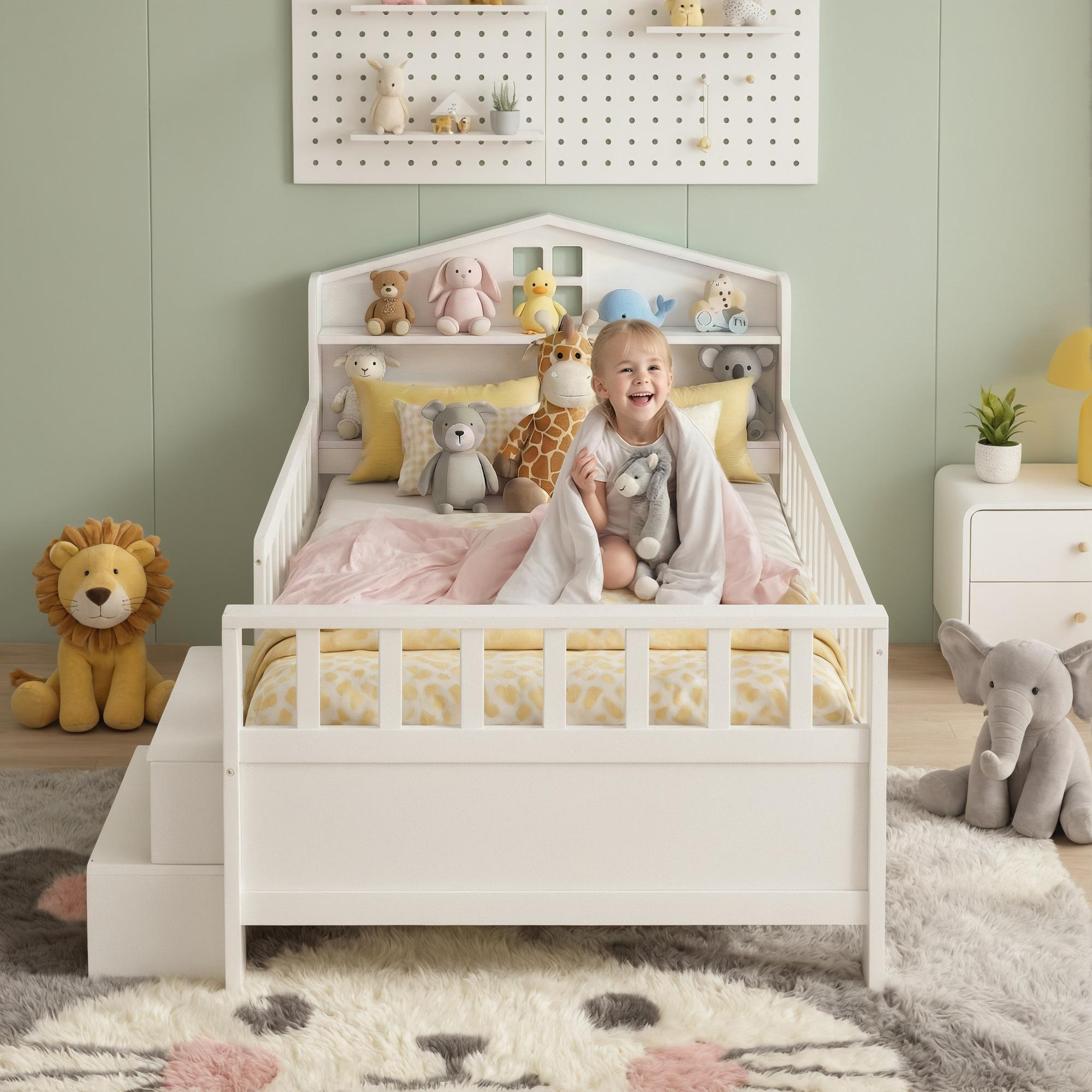 Artiss Single Bed Frame with 2 Storage Drawers, Montessori Bed with Headboard, 2 USB Ports & Led Light, Solid Wood Platform Bed Base with Safety Rail & Ladder, 31CM Under-Bed Storage, White - Image 8
