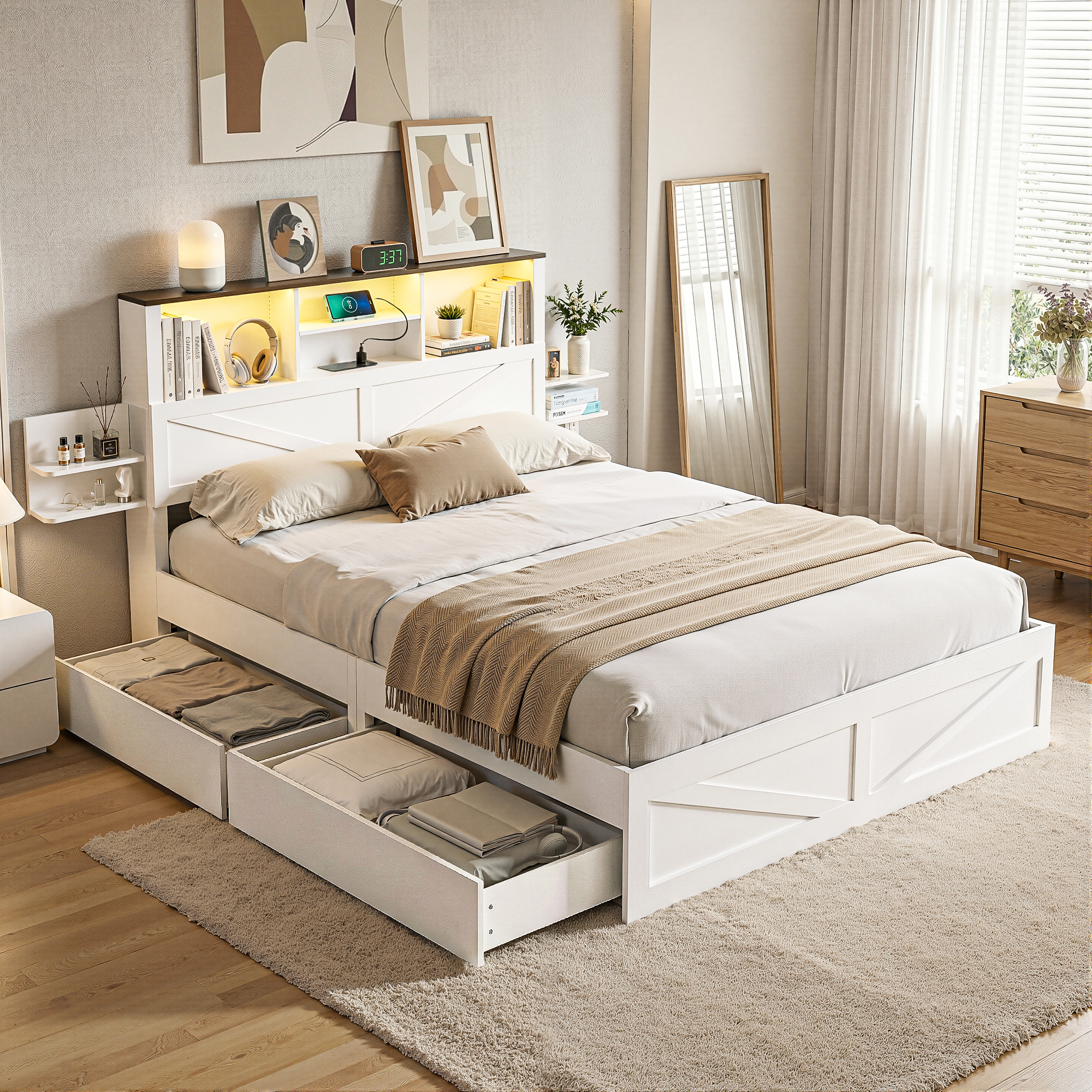 Artiss Double Bed Frame with Storage Drawers White Platform Bedframe with Bookcase Headboard Charging Station Led Light - Image 1
