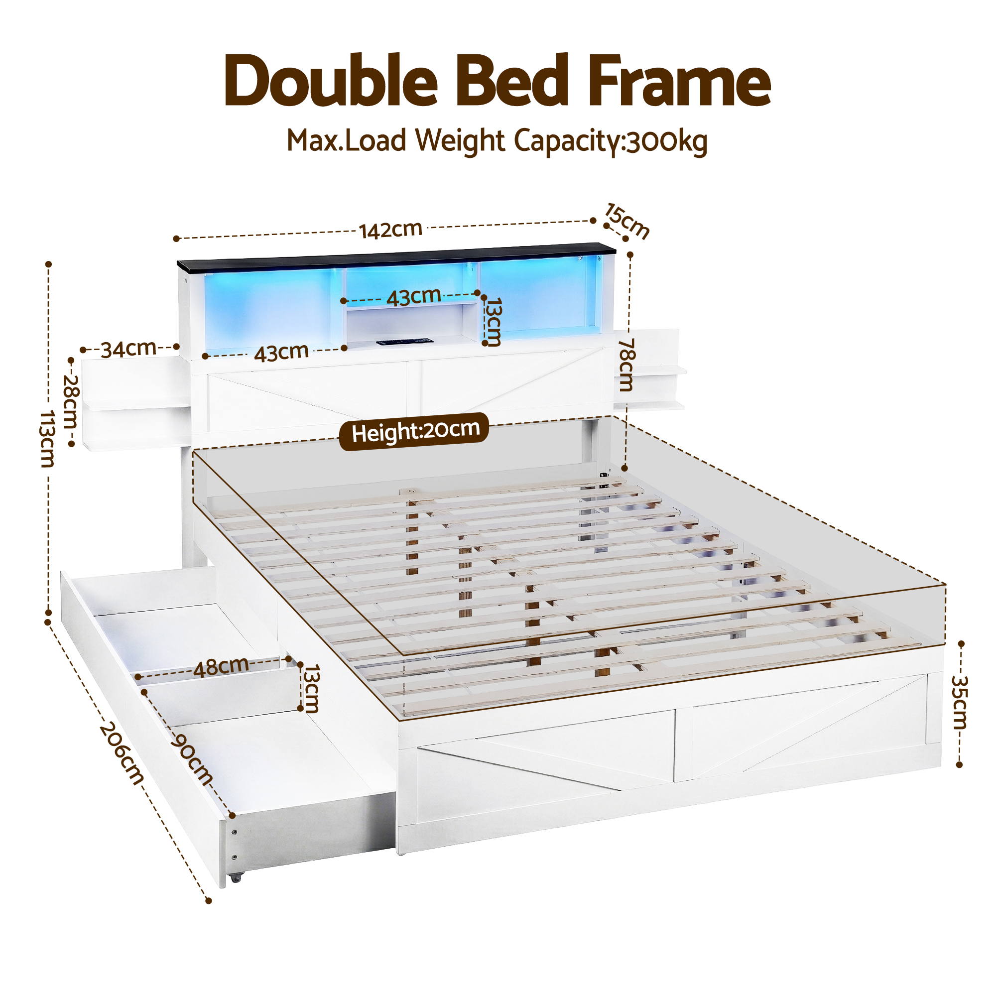 Artiss Double Bed Frame with Storage Drawers White Platform Bedframe with Bookcase Headboard Charging Station Led Light - Image 2