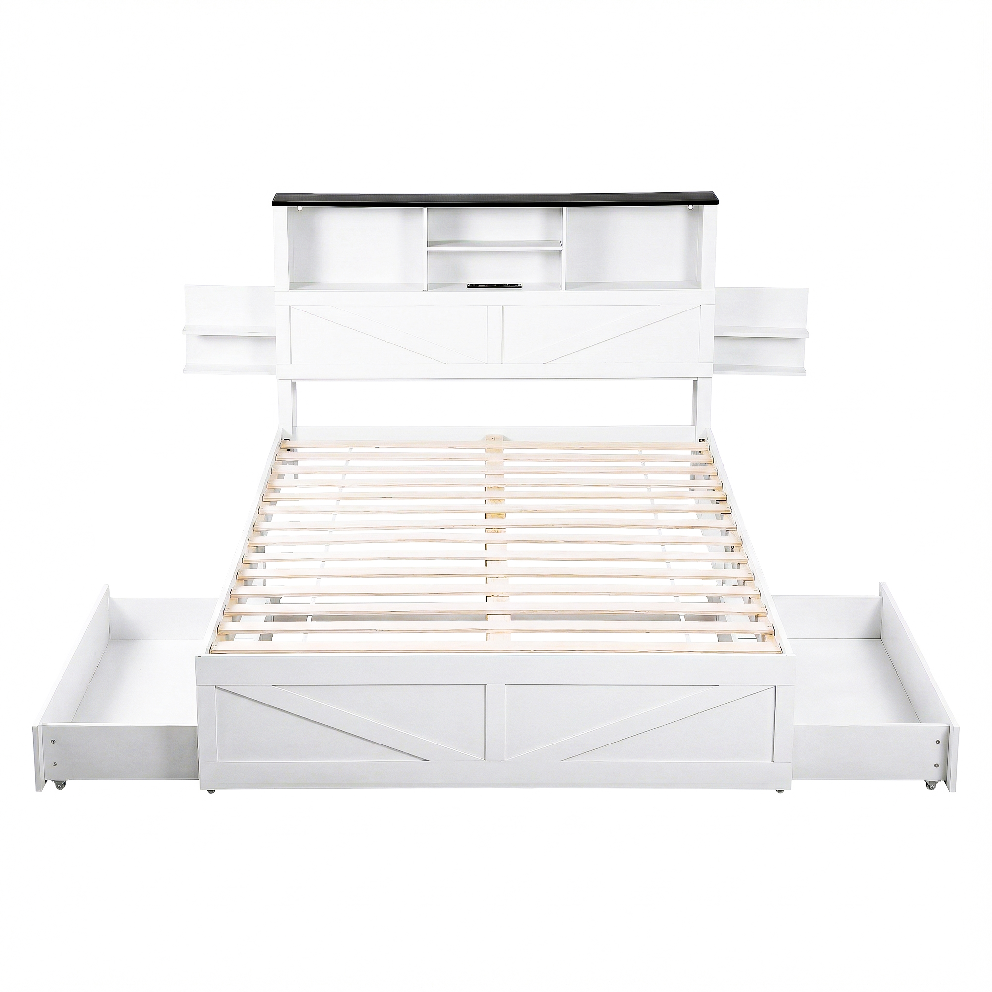 Artiss Double Bed Frame with Storage Drawers White Platform Bedframe with Bookcase Headboard Charging Station Led Light - Image 3