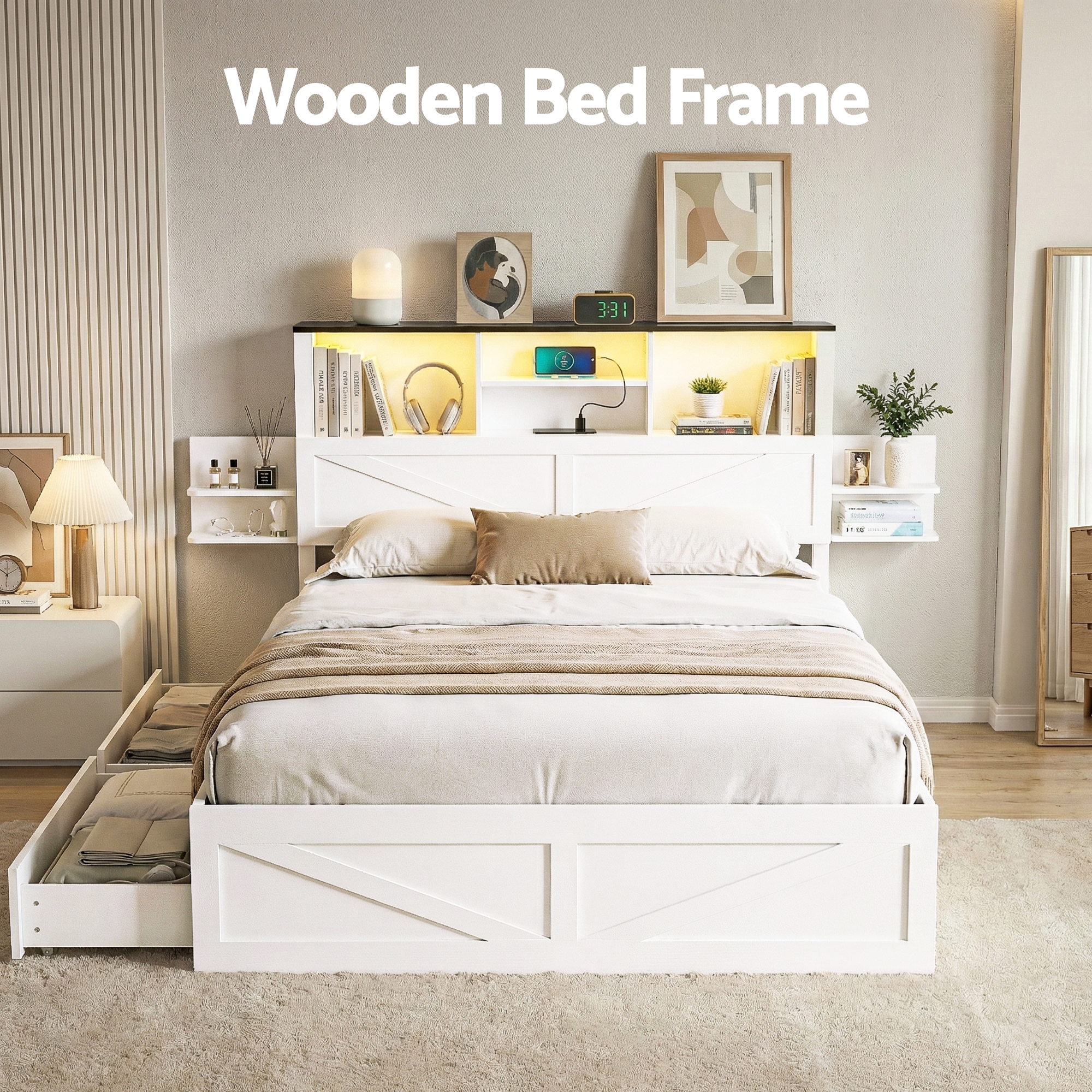 Artiss Double Bed Frame with Storage Drawers White Platform Bedframe with Bookcase Headboard Charging Station Led Light - Image 4