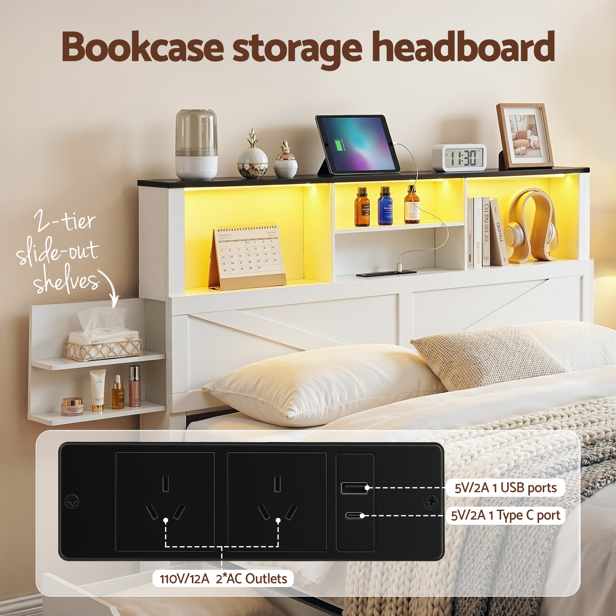 Artiss Double Bed Frame with Storage Drawers White Platform Bedframe with Bookcase Headboard Charging Station Led Light - Image 5