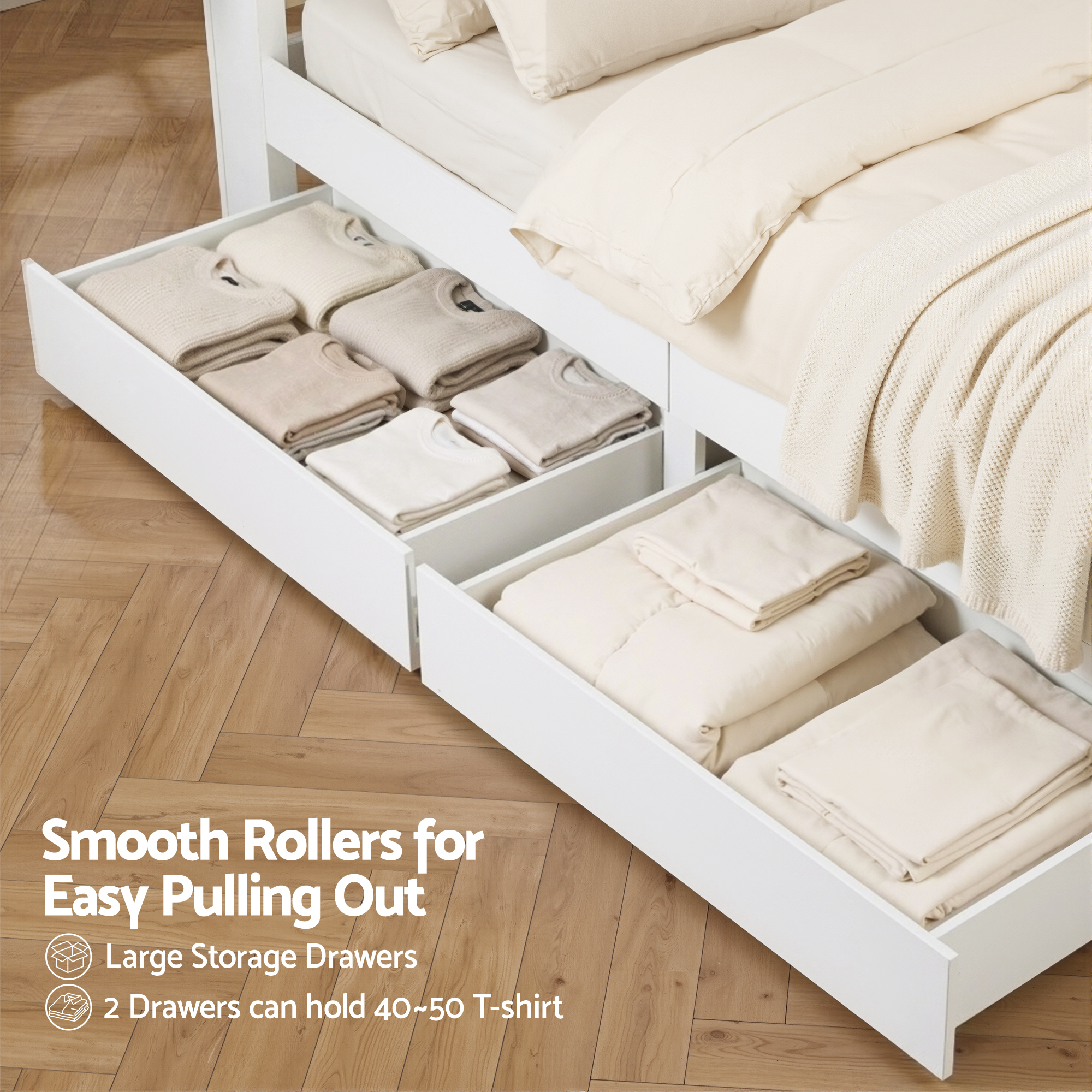 Artiss Double Bed Frame with Storage Drawers White Platform Bedframe with Bookcase Headboard Charging Station Led Light - Image 7
