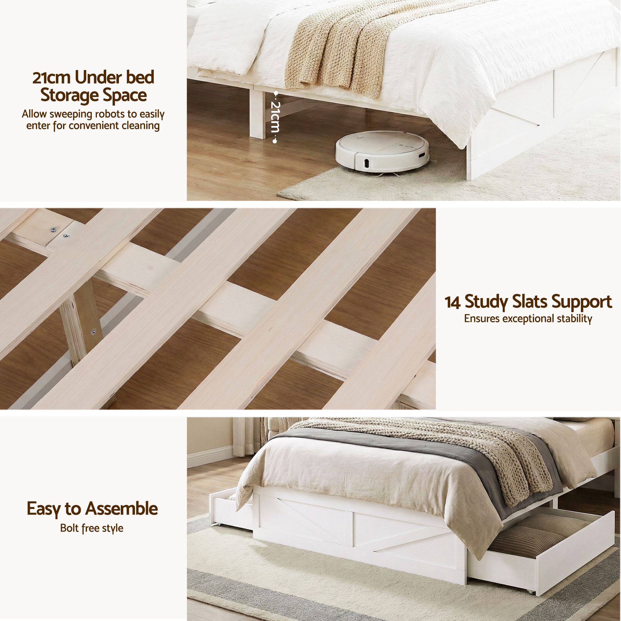 Artiss Double Bed Frame with Storage Drawers White Platform Bedframe with Bookcase Headboard Charging Station Led Light - Image 8