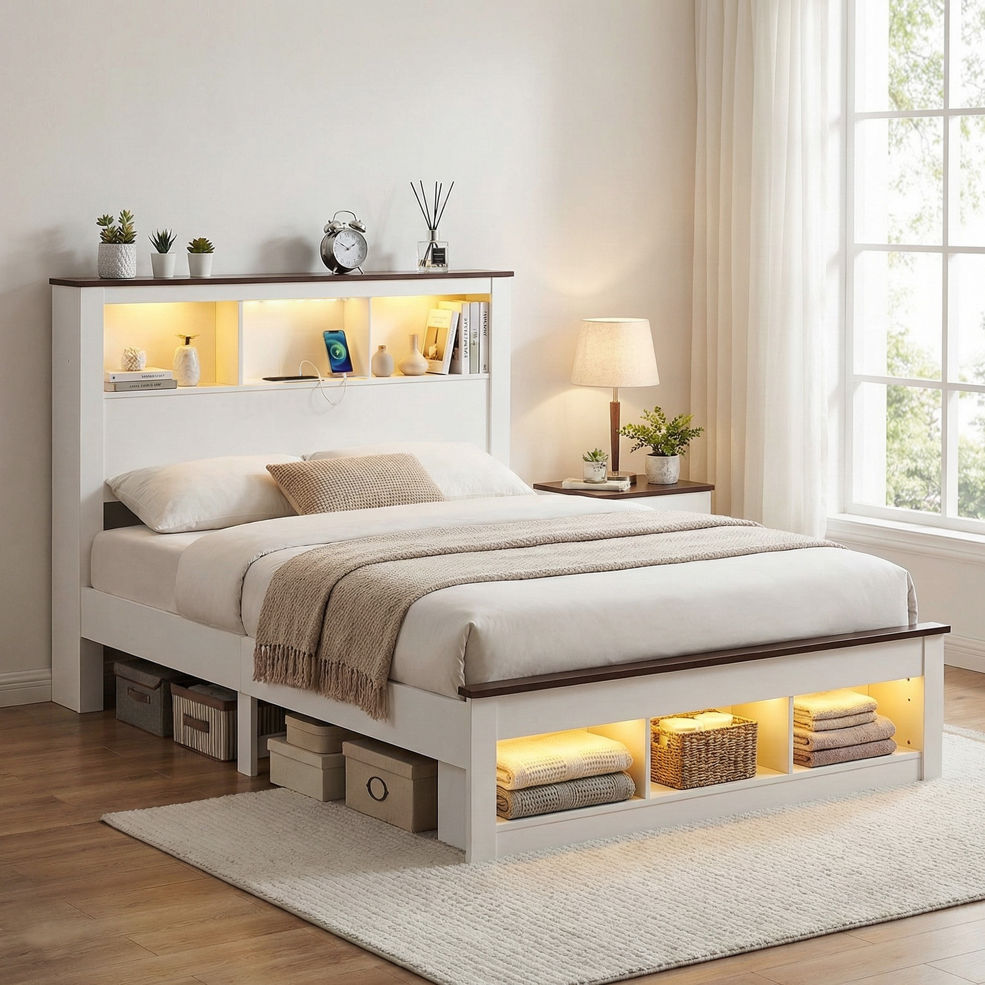 Artiss Double Bed Frame with Storage Bookcase Headboard and Footboard White Wooden Platform Bed with Charging Station and Led Light Bedroom Furniture - Image 1