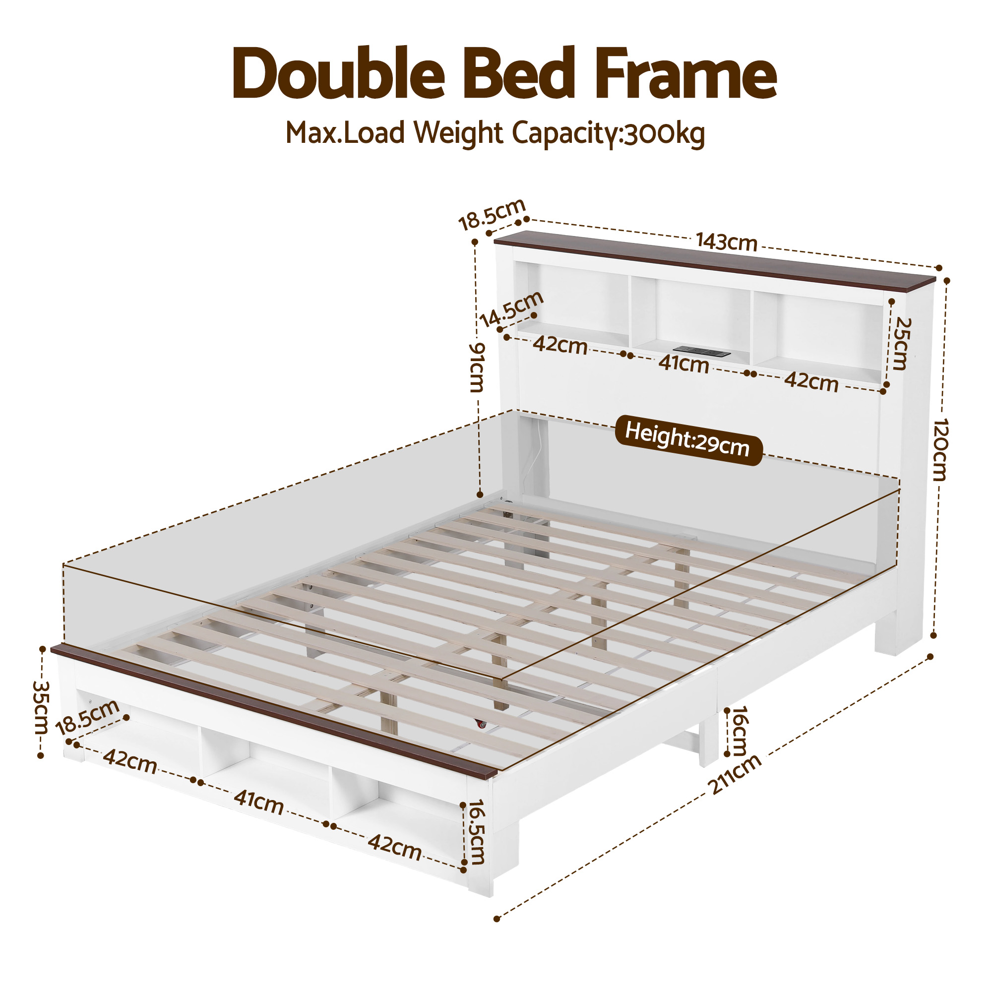 Artiss Double Bed Frame with Storage Bookcase Headboard and Footboard White Wooden Platform Bed with Charging Station and Led Light Bedroom Furniture - Image 2