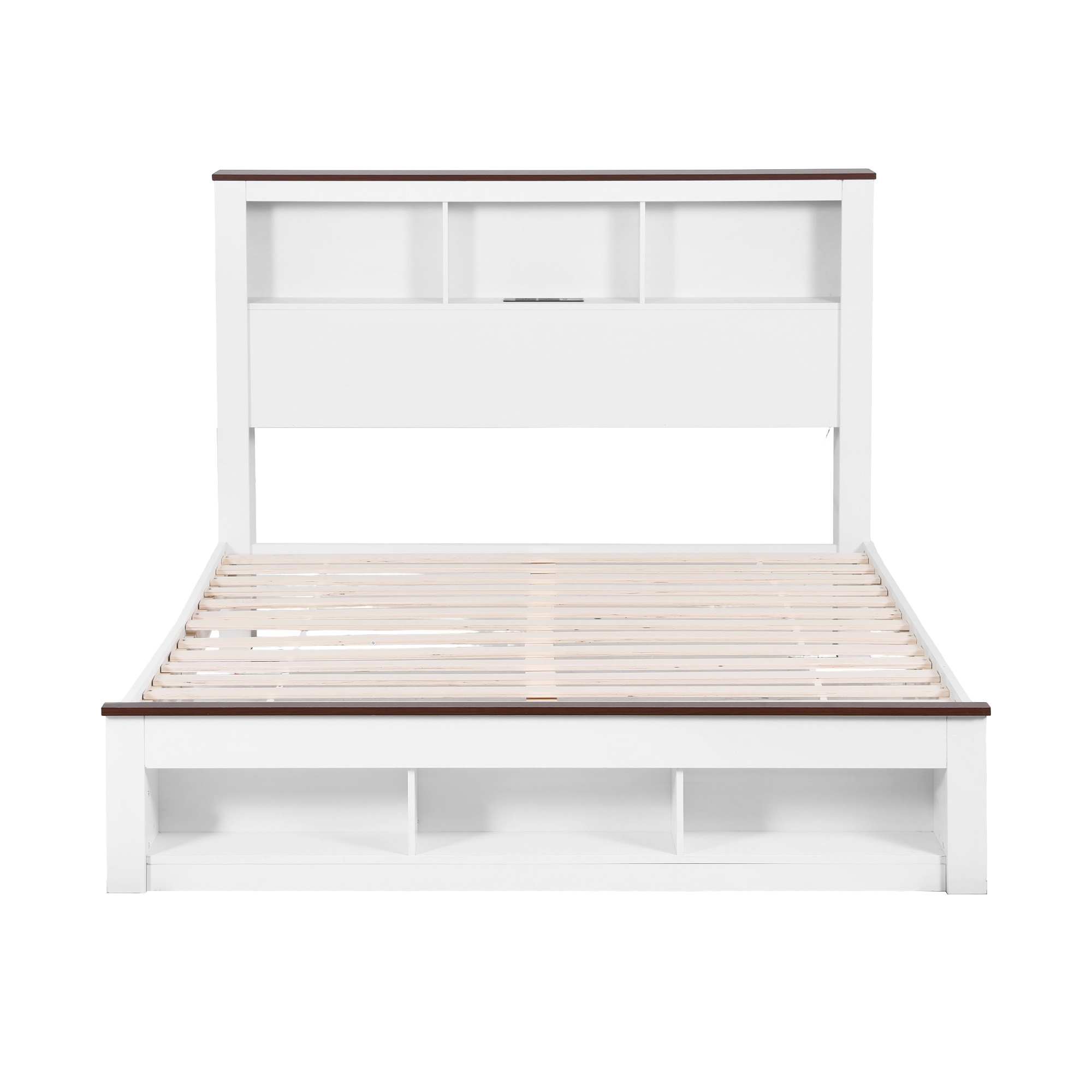Artiss Double Bed Frame with Storage Bookcase Headboard and Footboard White Wooden Platform Bed with Charging Station and Led Light Bedroom Furniture - Image 3