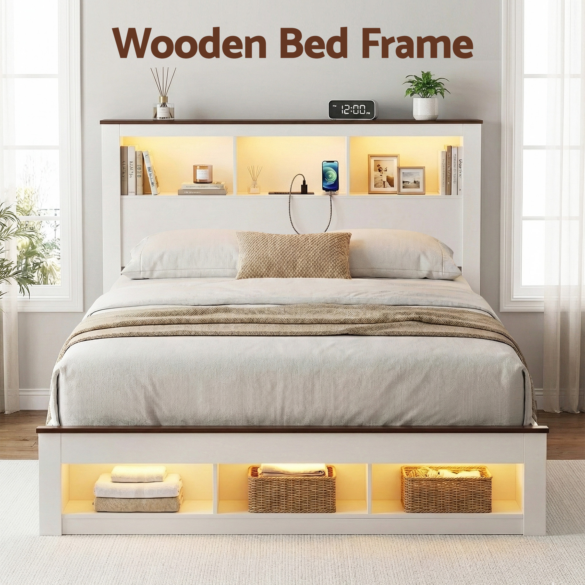 Artiss Double Bed Frame with Storage Bookcase Headboard and Footboard White Wooden Platform Bed with Charging Station and Led Light Bedroom Furniture - Image 4