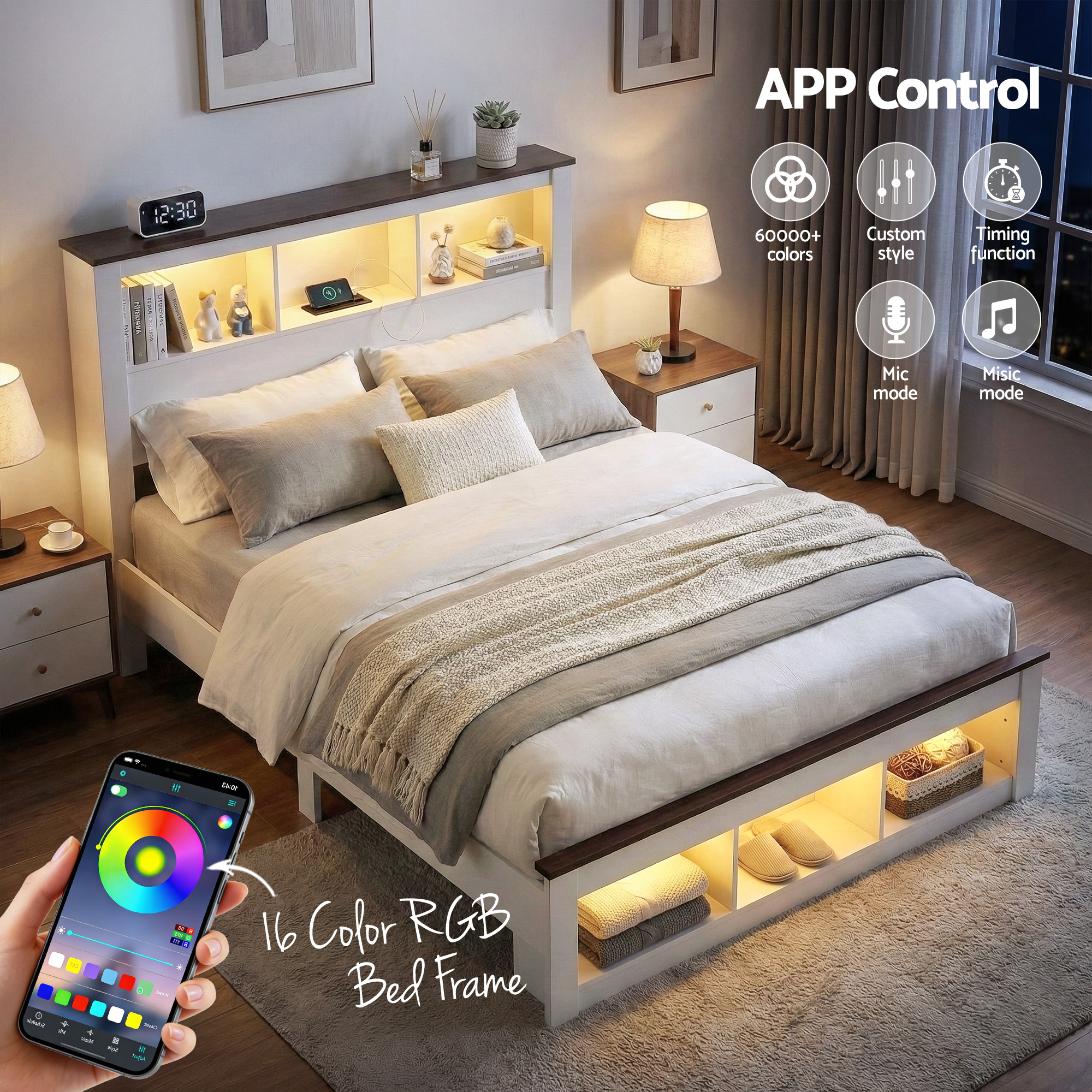 Artiss Double Bed Frame with Storage Bookcase Headboard and Footboard White Wooden Platform Bed with Charging Station and Led Light Bedroom Furniture - Image 6