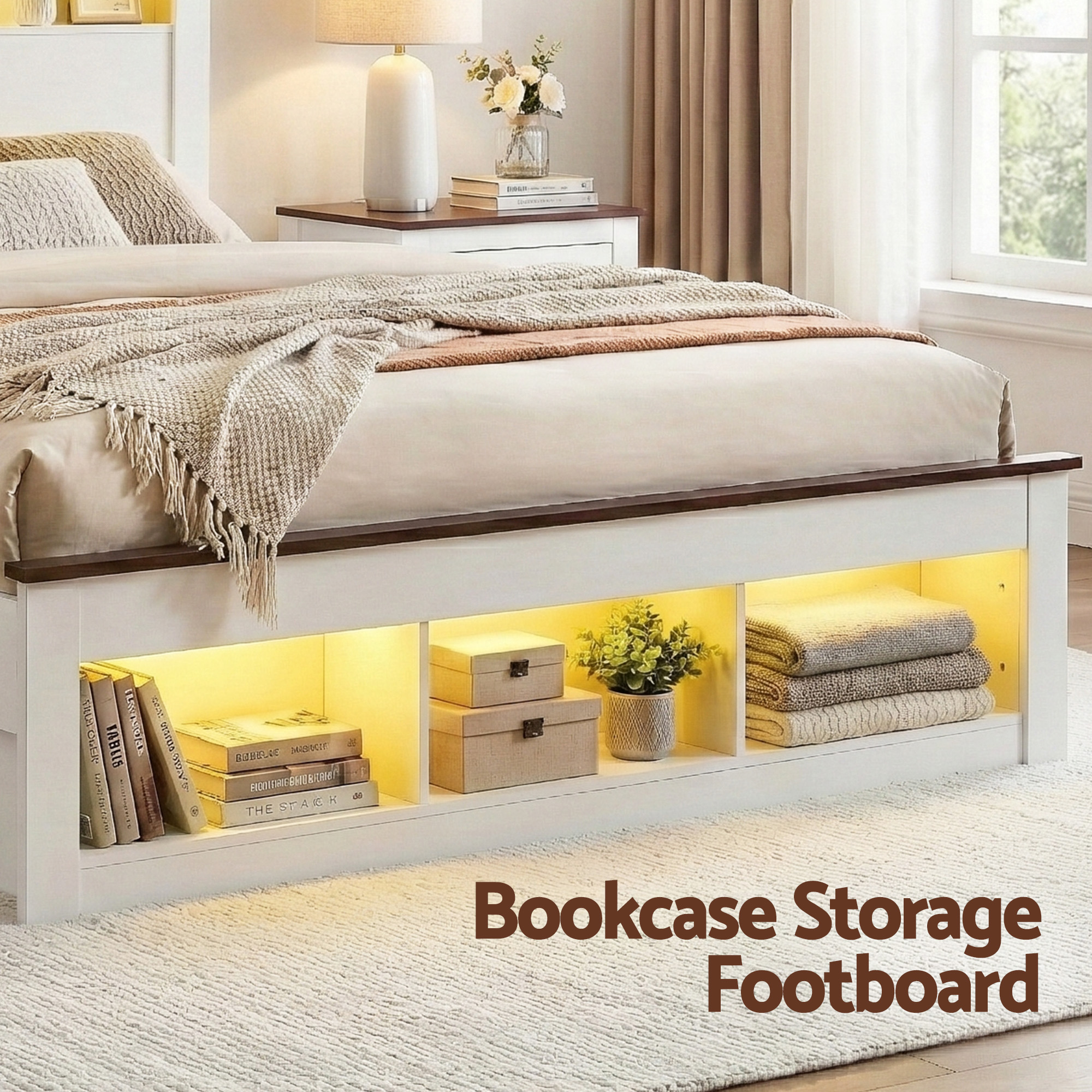 Artiss Double Bed Frame with Storage Bookcase Headboard and Footboard White Wooden Platform Bed with Charging Station and Led Light Bedroom Furniture - Image 7