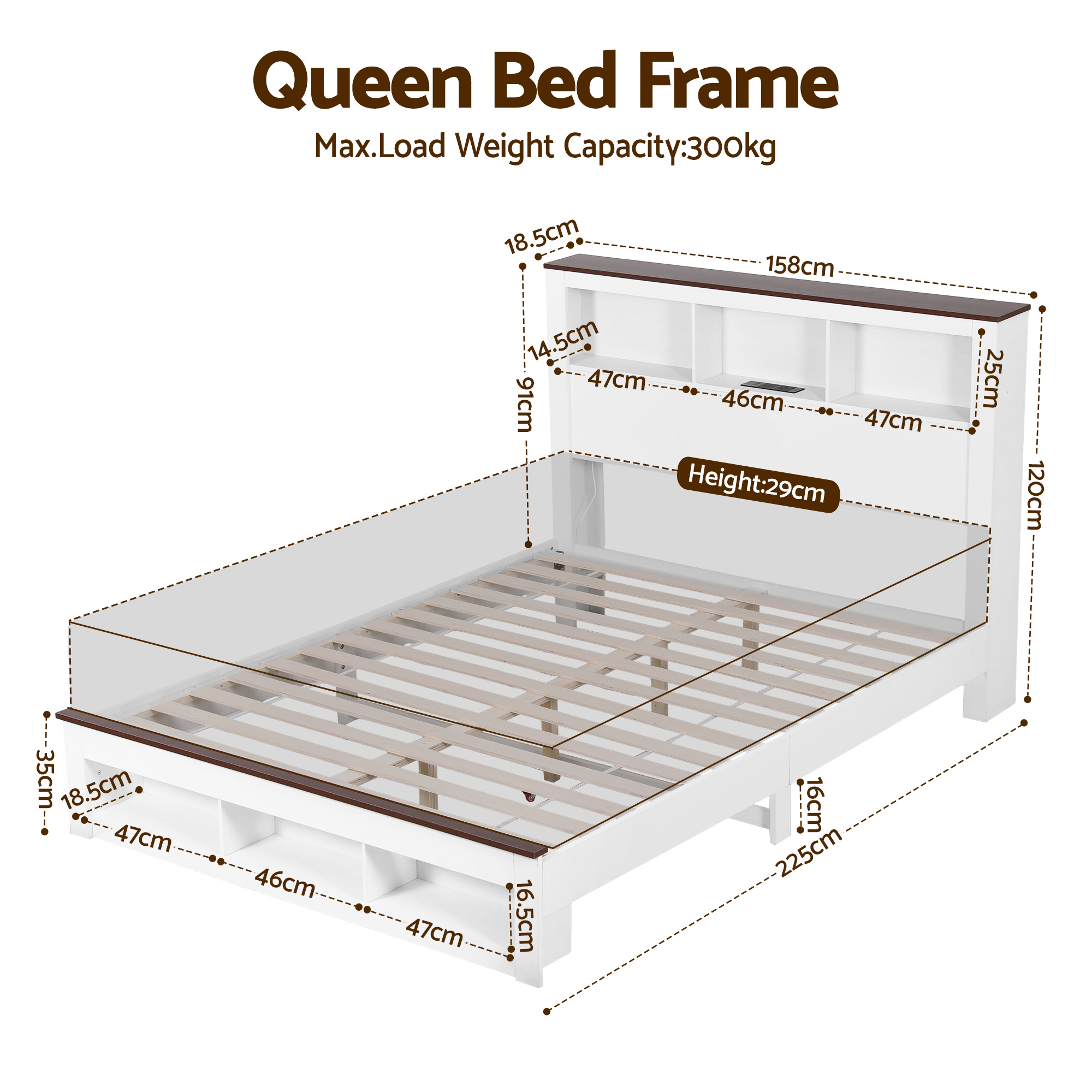 Artiss Queen Bed Frame with Storage Bookcase Headboard and Footboard White Wooden Platform Bed with Charging Station and Led Light Bedroom Furniture - Image 2