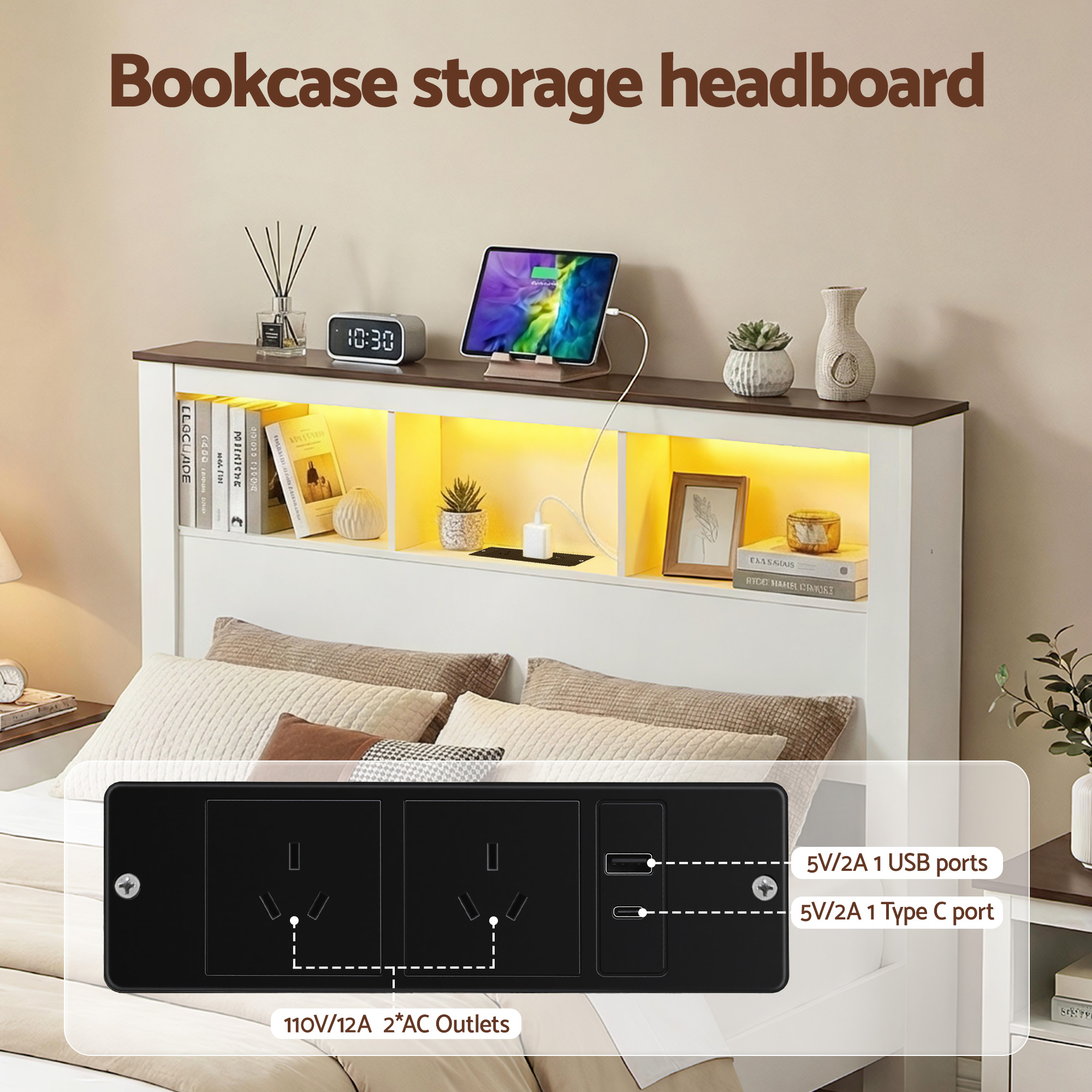 Artiss Queen Bed Frame with Storage Bookcase Headboard and Footboard White Wooden Platform Bed with Charging Station and Led Light Bedroom Furniture - Image 5