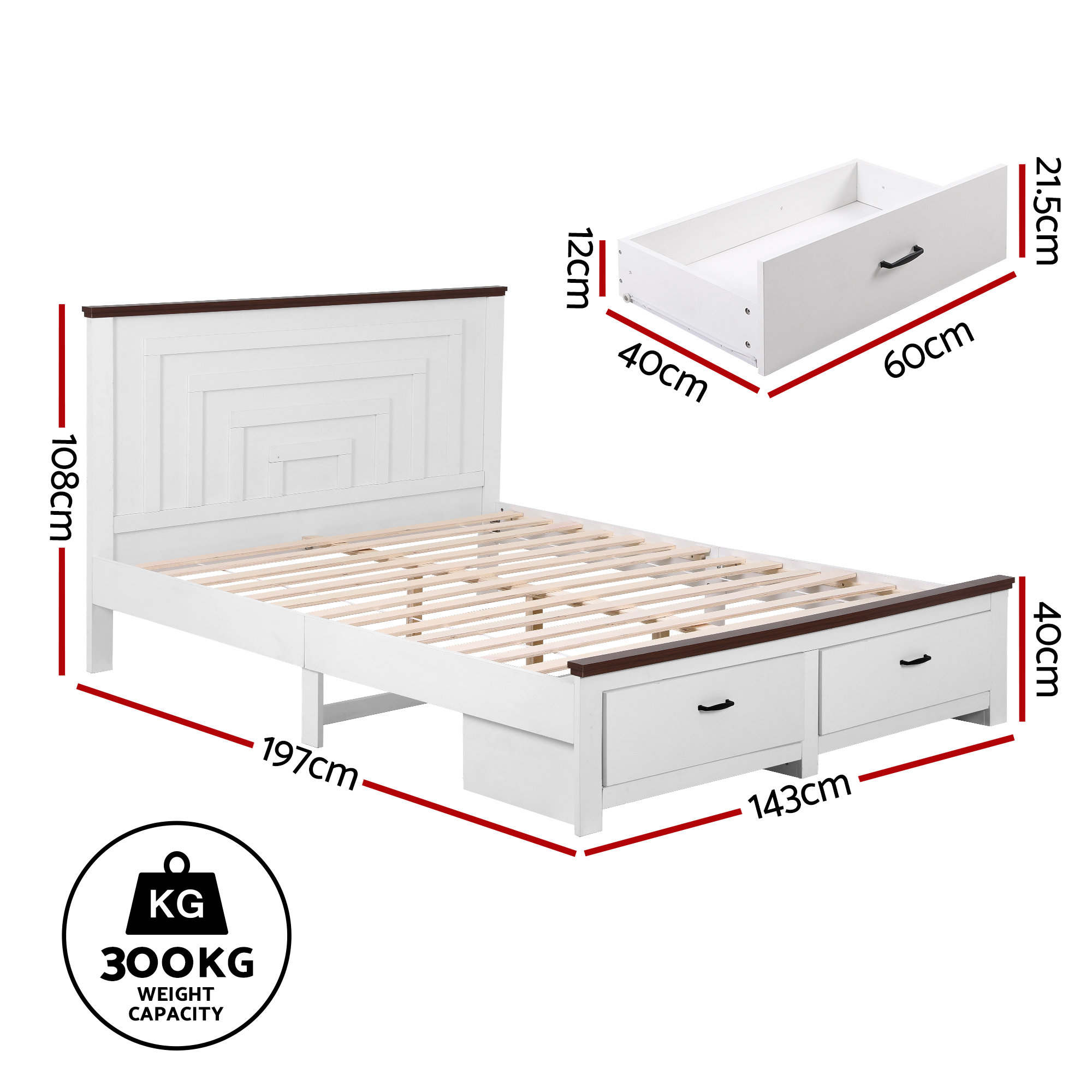 Artiss Double Wooden Bed Frame with 2 Drawer Platform Bed with 108cm Solid High Headboard White Bed Base for Bedroom Easy Assembly - Image 2