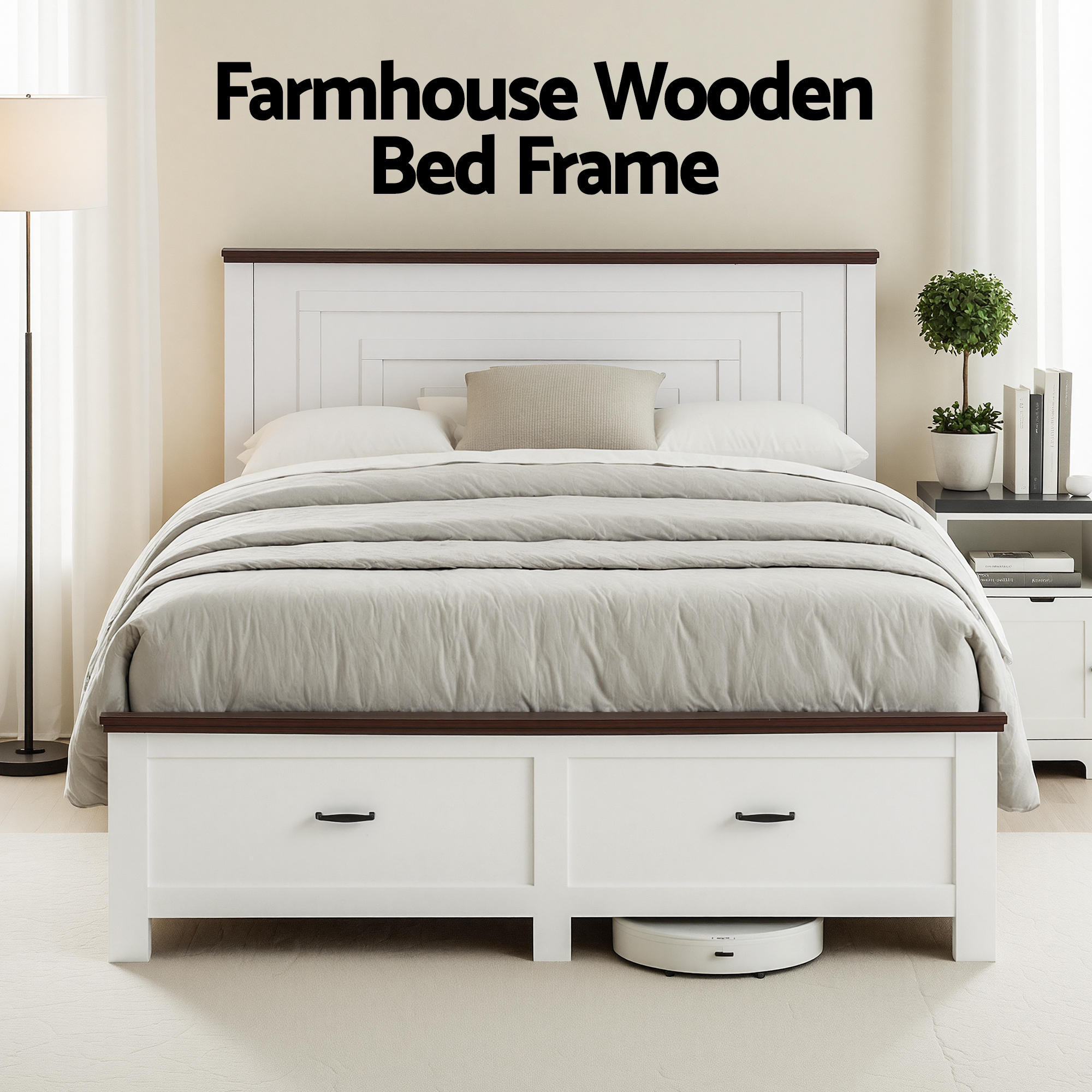 Artiss Double Wooden Bed Frame with 2 Drawer Platform Bed with 108cm Solid High Headboard White Bed Base for Bedroom Easy Assembly - Image 4