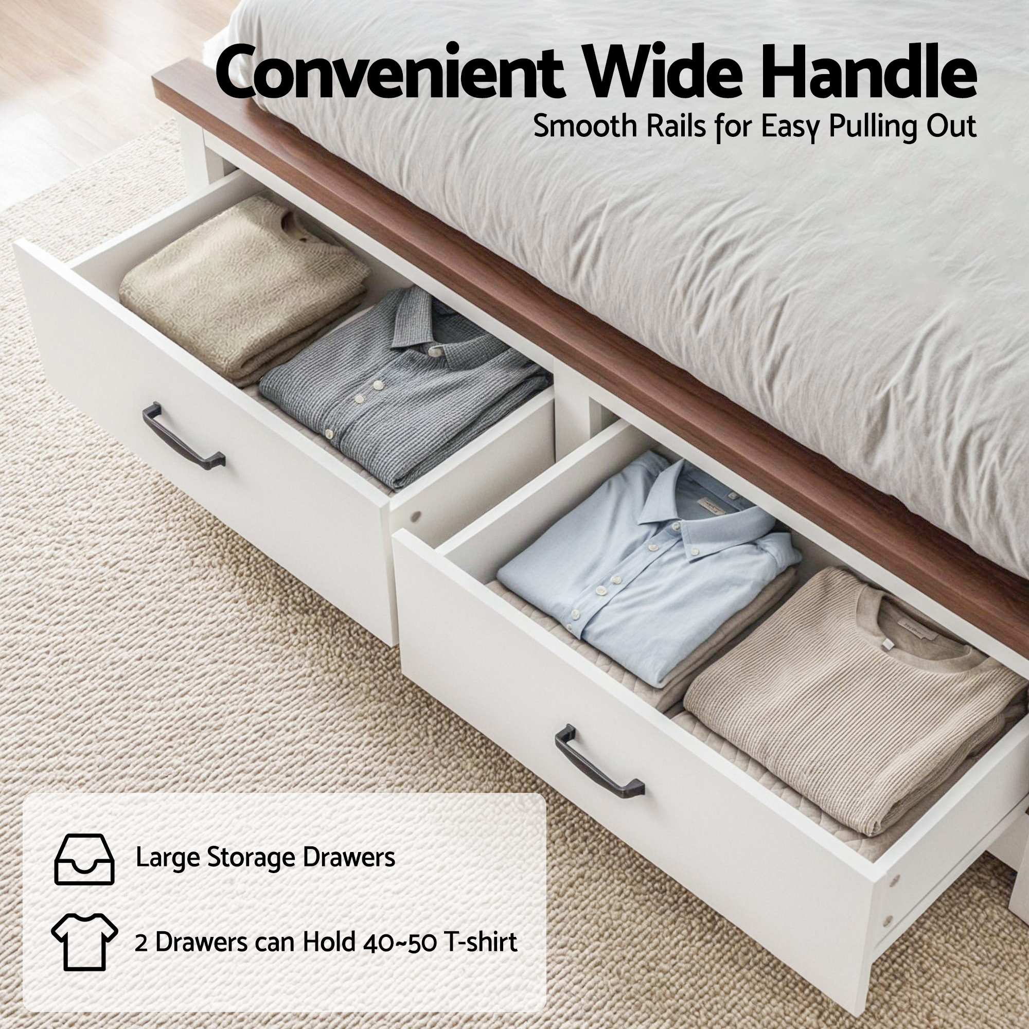 Artiss Queen Wooden Bed Frame with 2 Drawer Platform Bed with 108cm Solid High Headboard White Bed Base for Bedroom Easy Assembly - Image 6