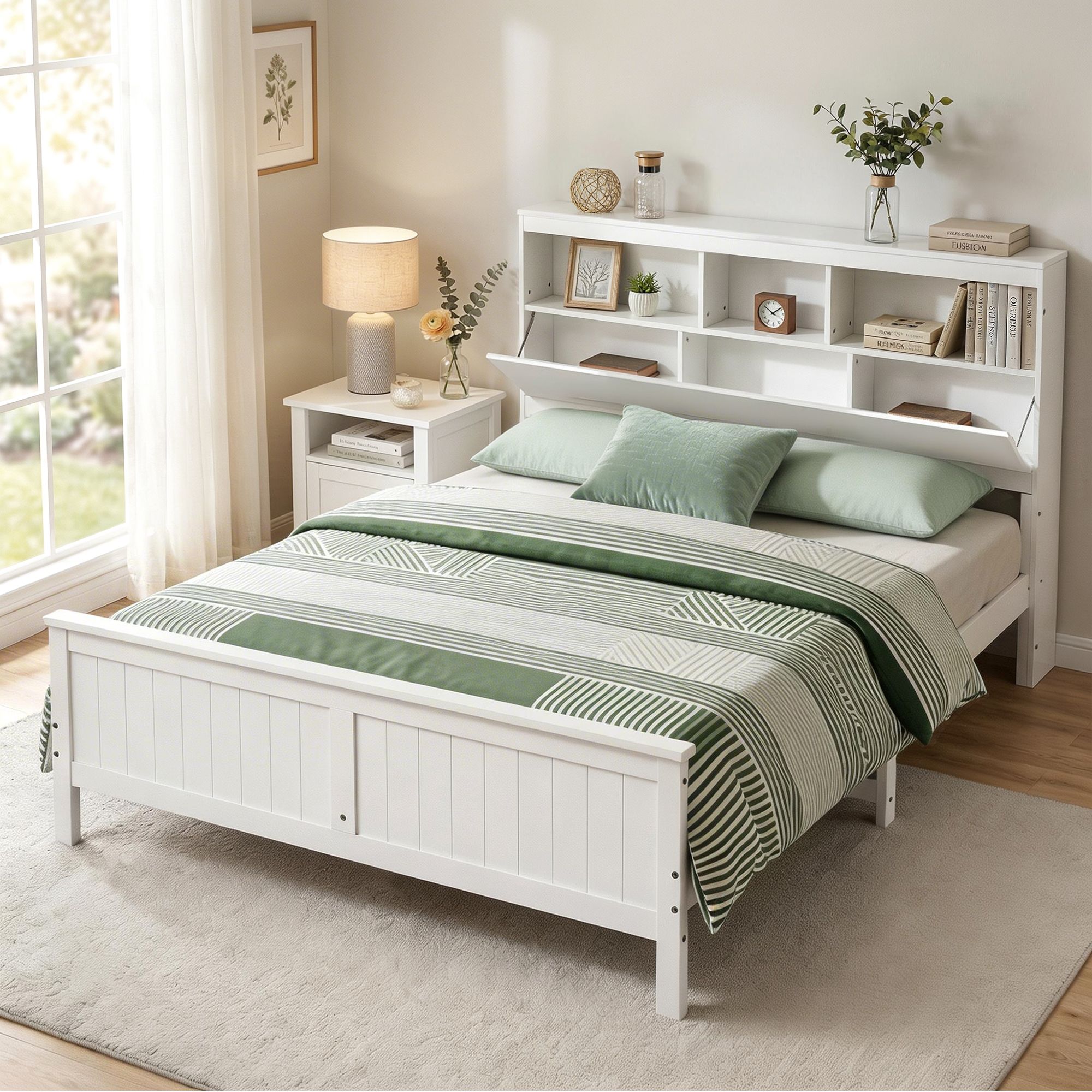 Artiss Queen Bed Frame with Storage Headboard and Footboard Wooden Bed Base White - Image 1
