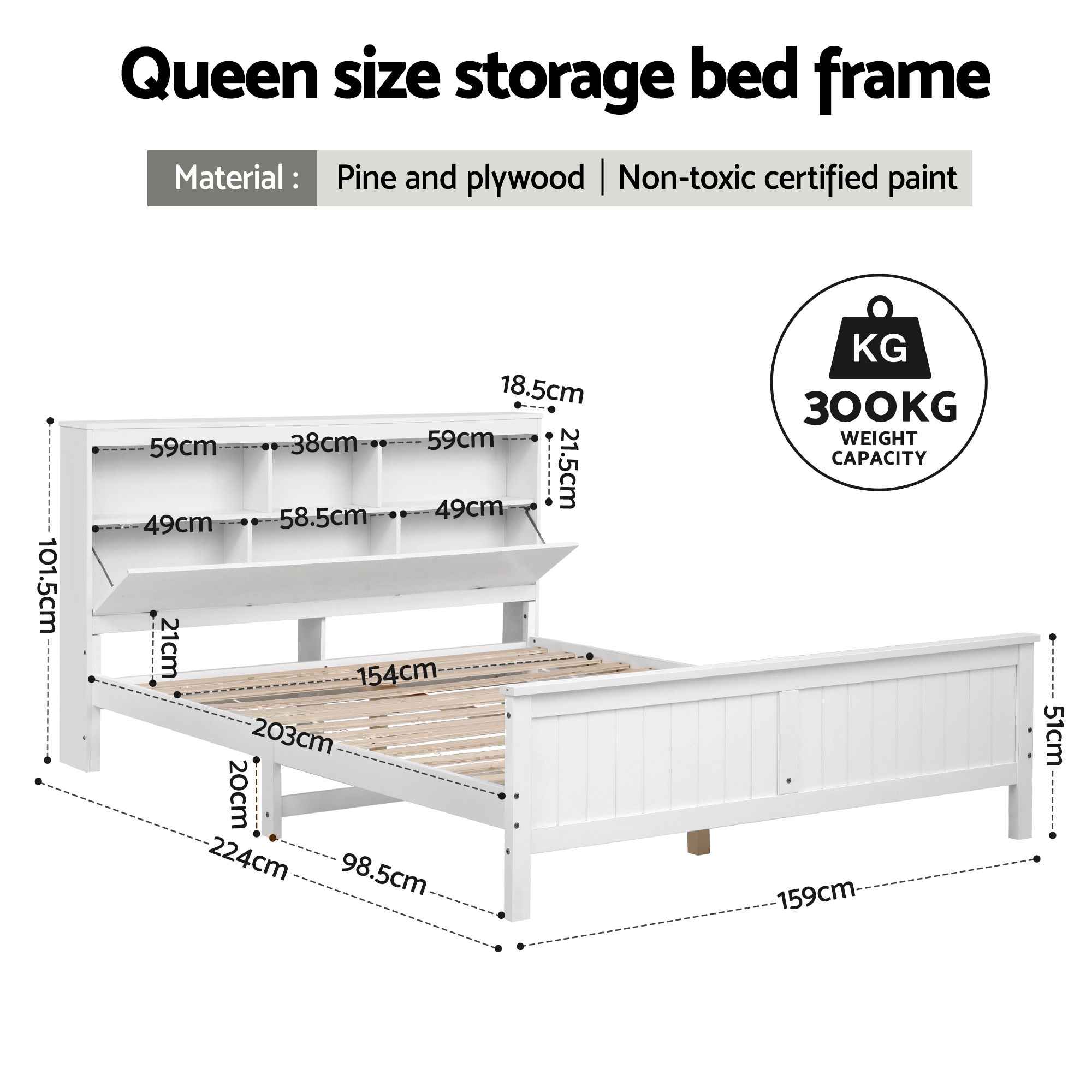 Artiss Queen Bed Frame with Storage Headboard and Footboard Wooden Bed Base White - Image 2