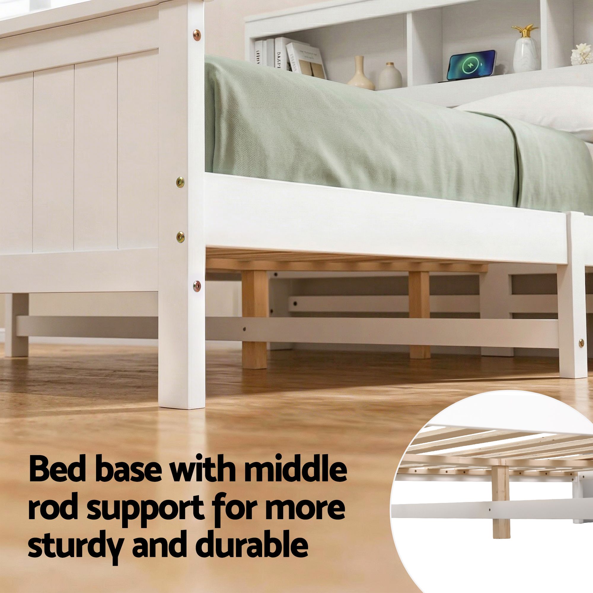 Artiss Queen Bed Frame with Storage Headboard and Footboard Wooden Bed Base White - Image 6