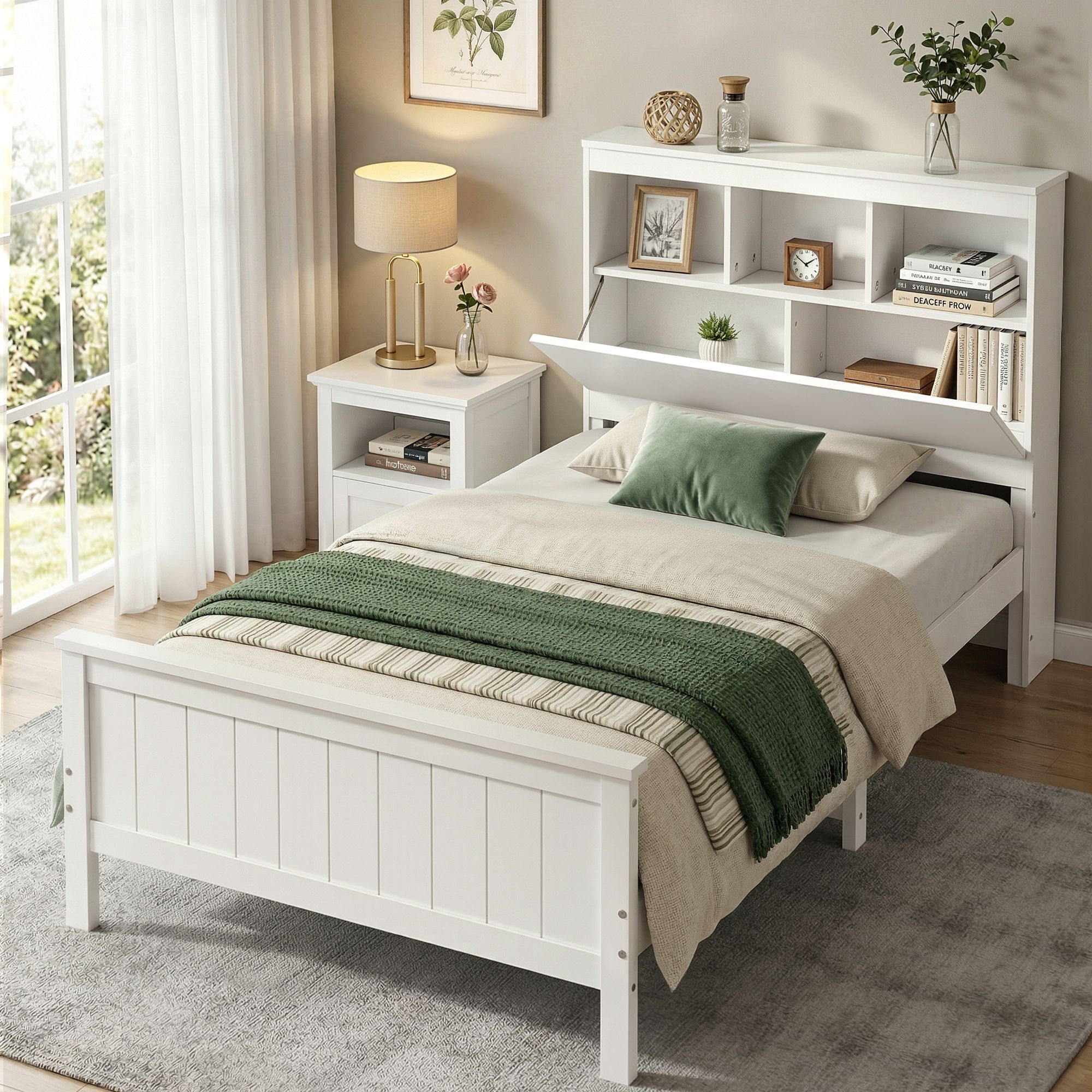 Artiss Single Bed Frame with Storage Headboard and Footboard Wooden Bed Base White - Image 1
