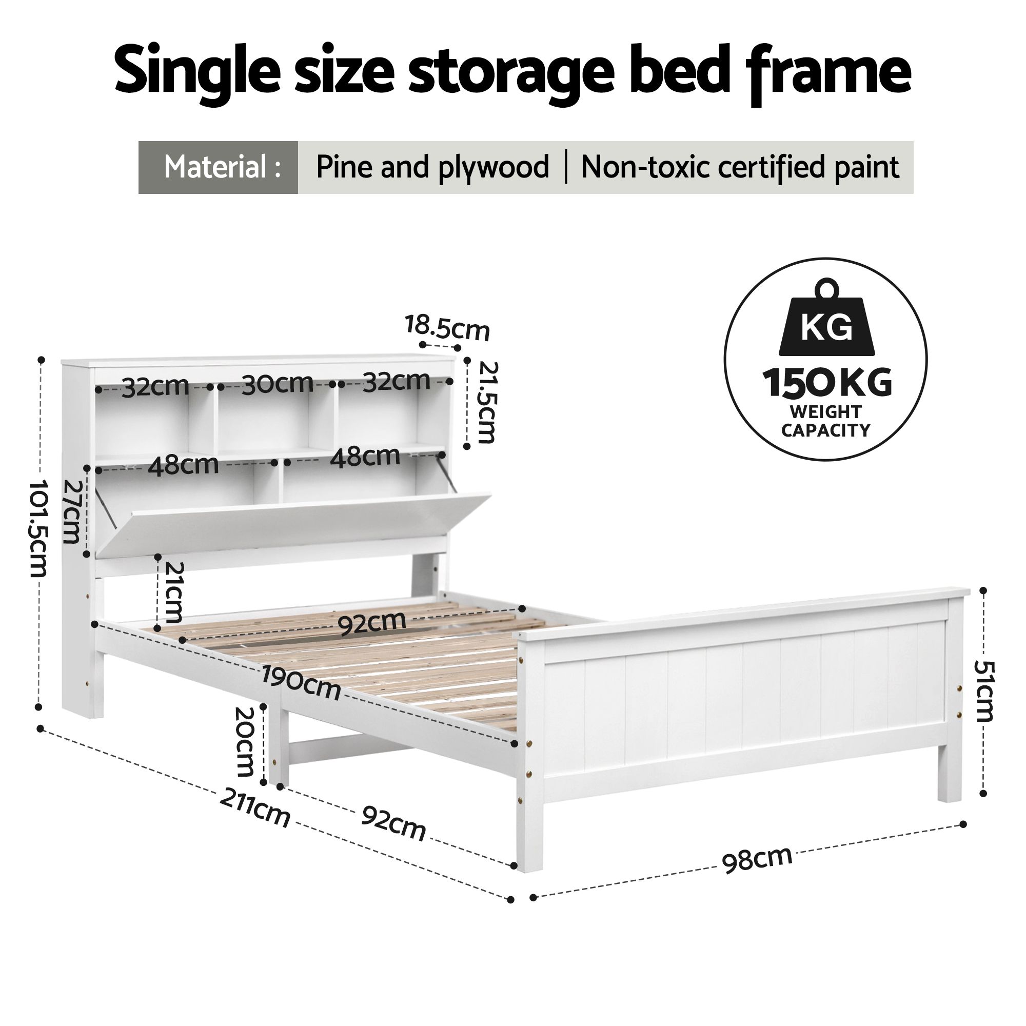 Artiss Single Bed Frame with Storage Headboard and Footboard Wooden Bed Base White - Image 2