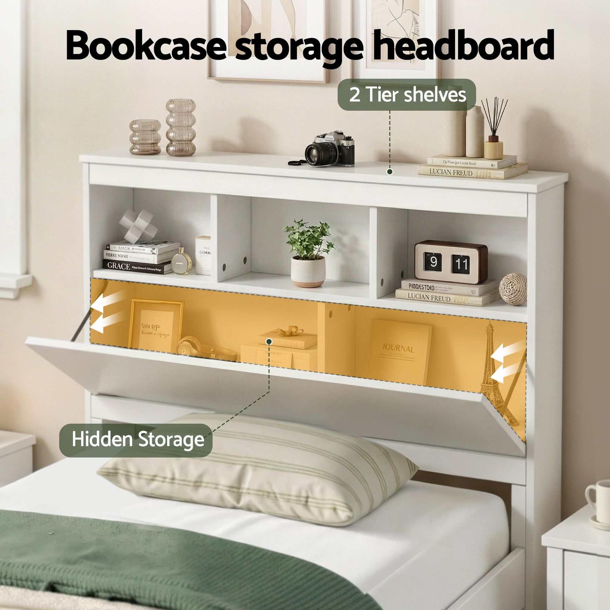Artiss Single Bed Frame with Storage Headboard and Footboard Wooden Bed Base White - Image 4