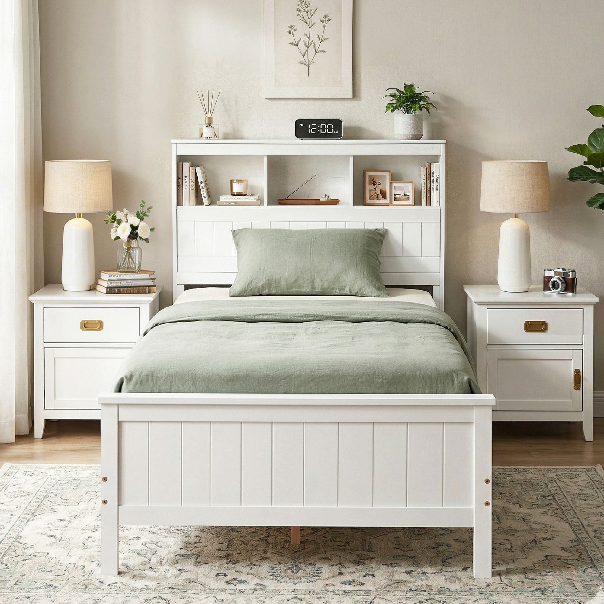 Artiss Single Bed Frame with Storage Headboard and Footboard Wooden Bed Base White - Image 8