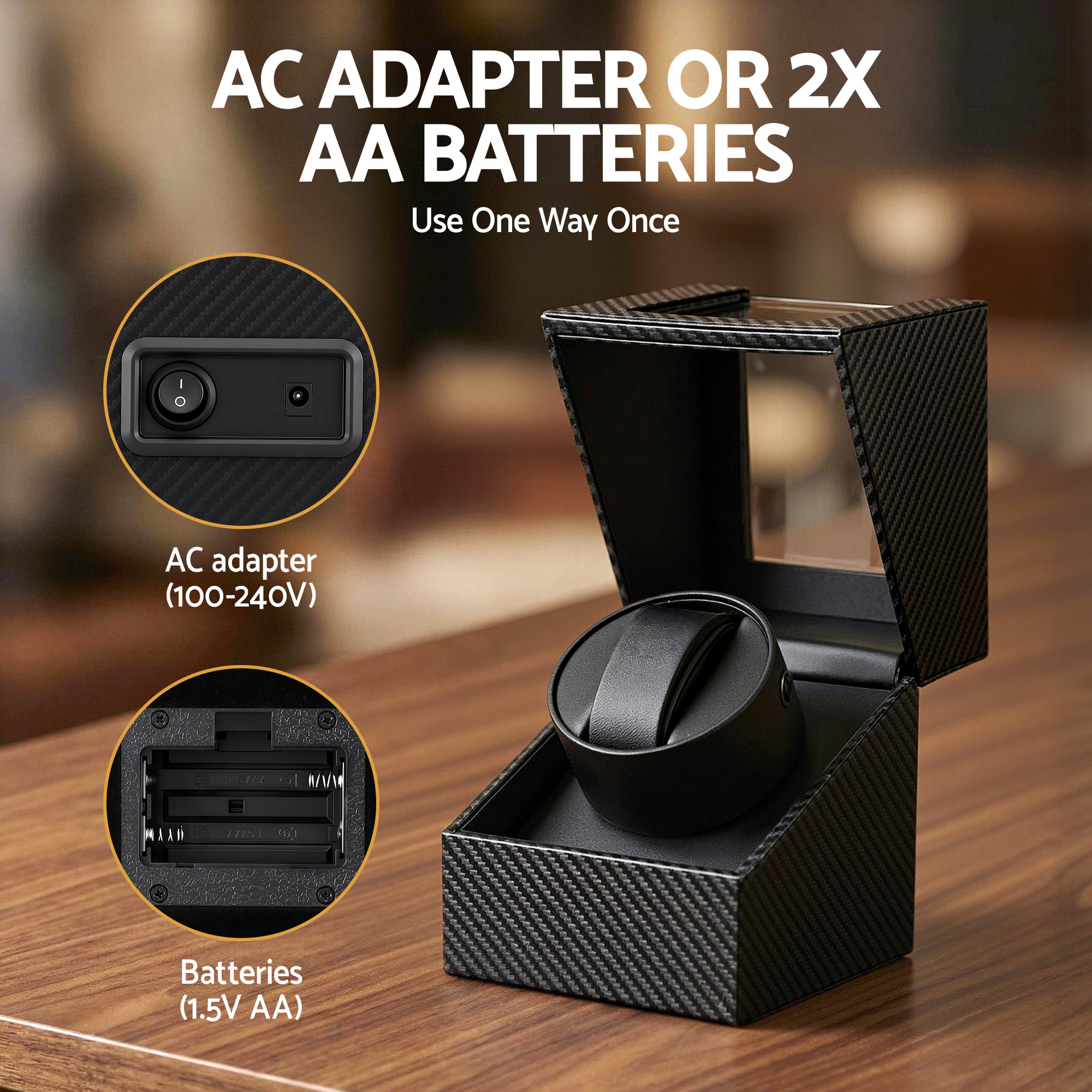 Embellir Watch Winder Box Automatic Single Quiet Carbon Fibre Black - Image 8