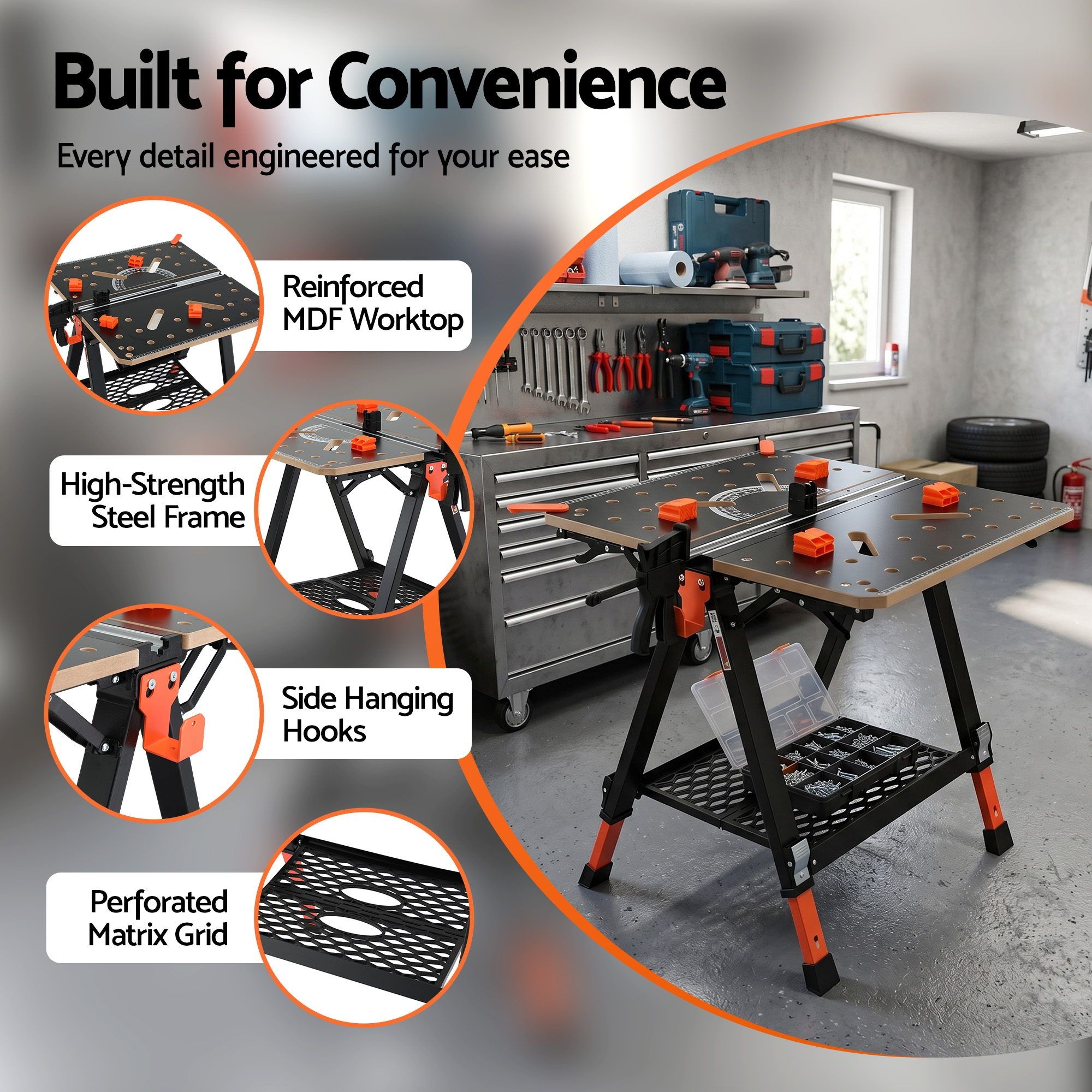 Giantz Portable Folding Work Table 454kg Adjustable Workbench - Image 5