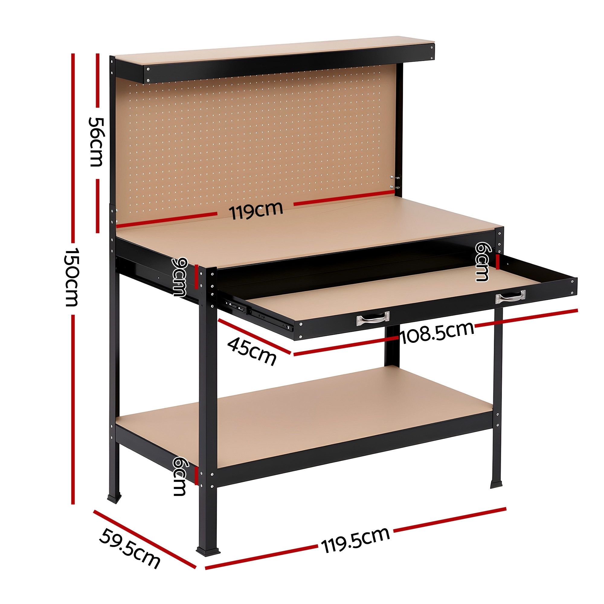 Giantz Workbench with Pegboard and Ultra-Wide 120cm Work Table for Garage DIY, 20 Hooks - Image 3