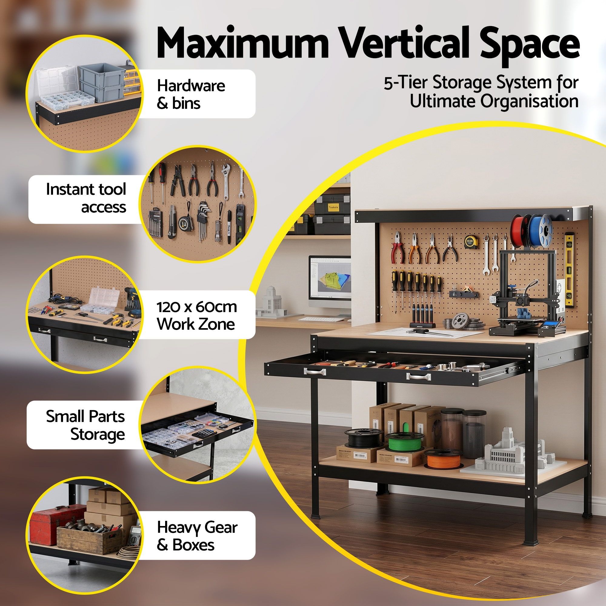 Giantz Workbench with Pegboard and Ultra-Wide 120cm Work Table for Garage DIY, 20 Hooks - Image 5