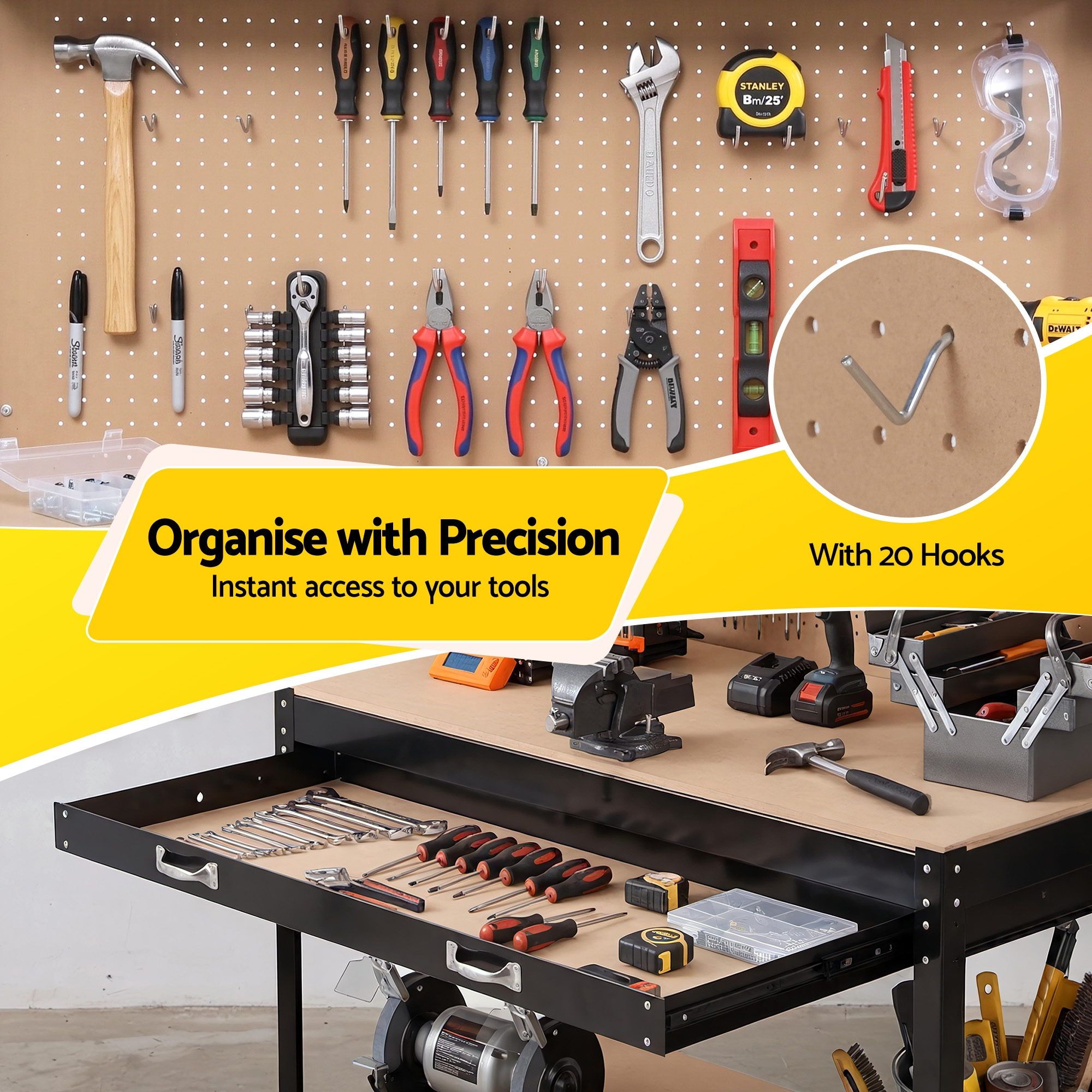 Giantz Workbench with Pegboard and Ultra-Wide 120cm Work Table for Garage DIY, 20 Hooks - Image 6