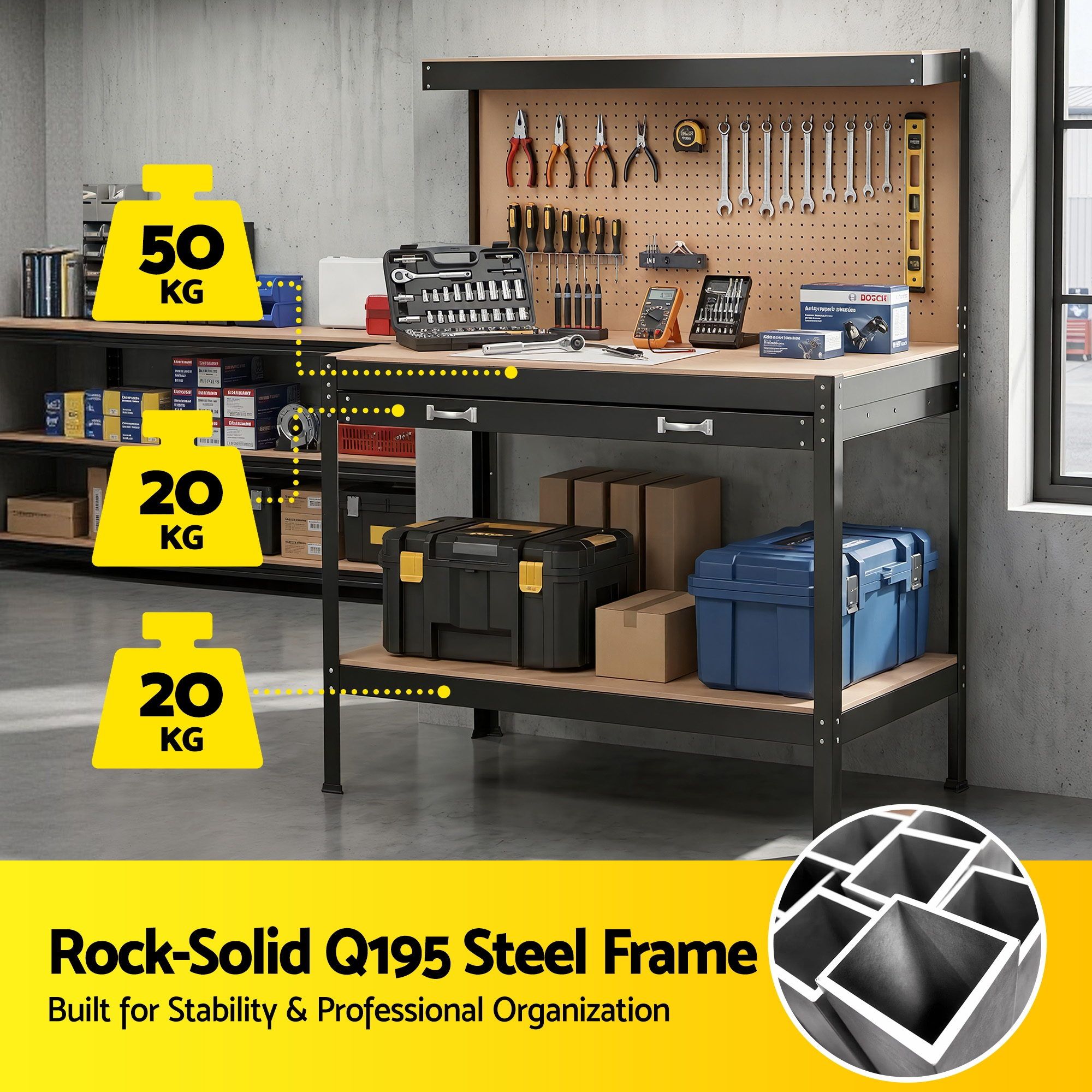 Giantz Workbench with Pegboard and Ultra-Wide 120cm Work Table for Garage DIY, 20 Hooks - Image 7