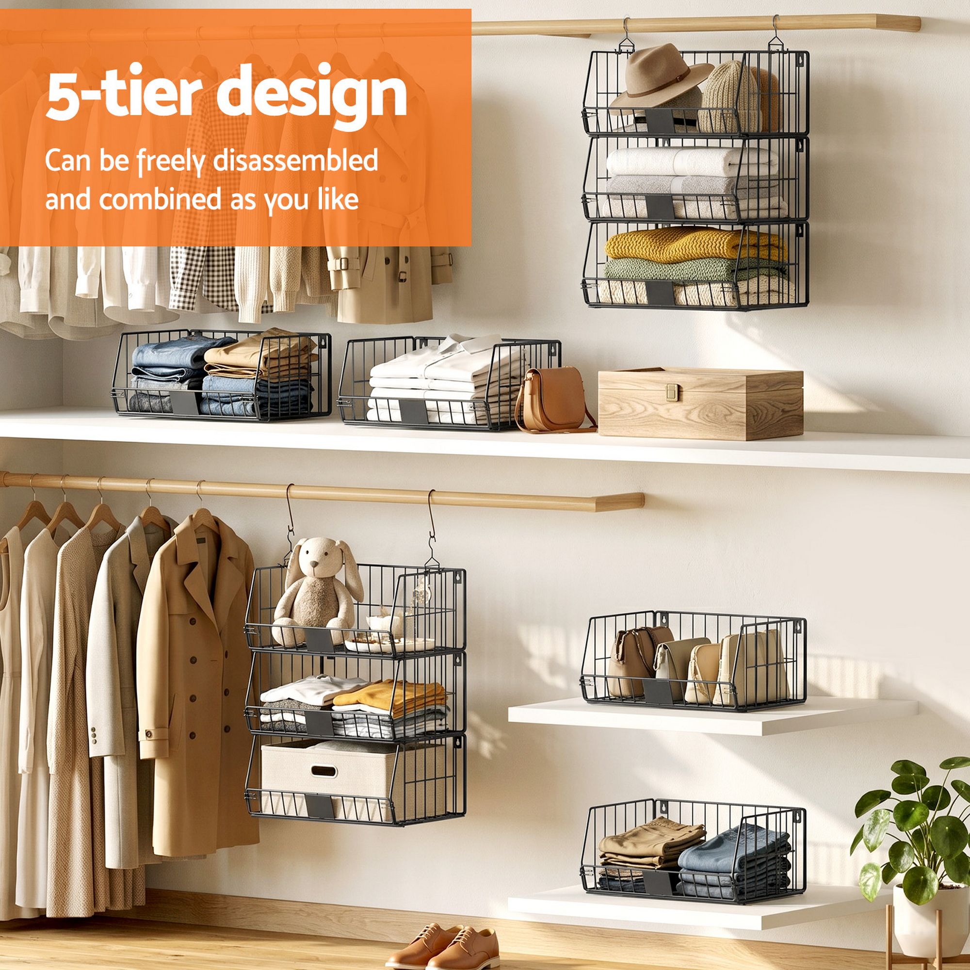 Artiss 5 Tier Stackable Closet Organizers and Storage Closet Hanging Storage Organizer Shelves - Image 4