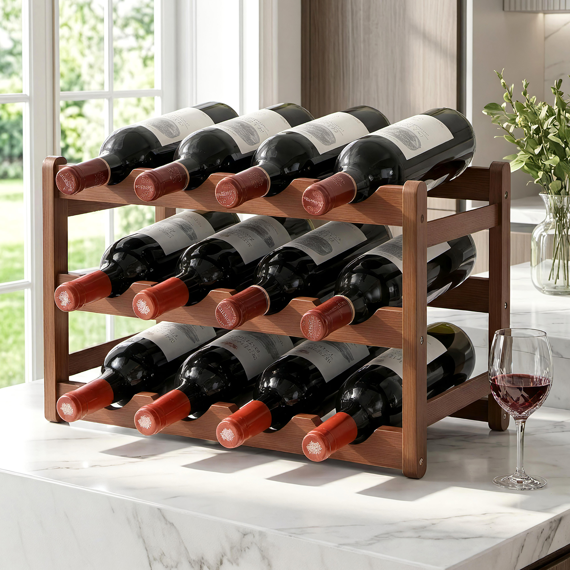 Artiss Bamboo Wine Rack 3-Tier Display Storage Organizer 12 Bottle Walnut - Image 1
