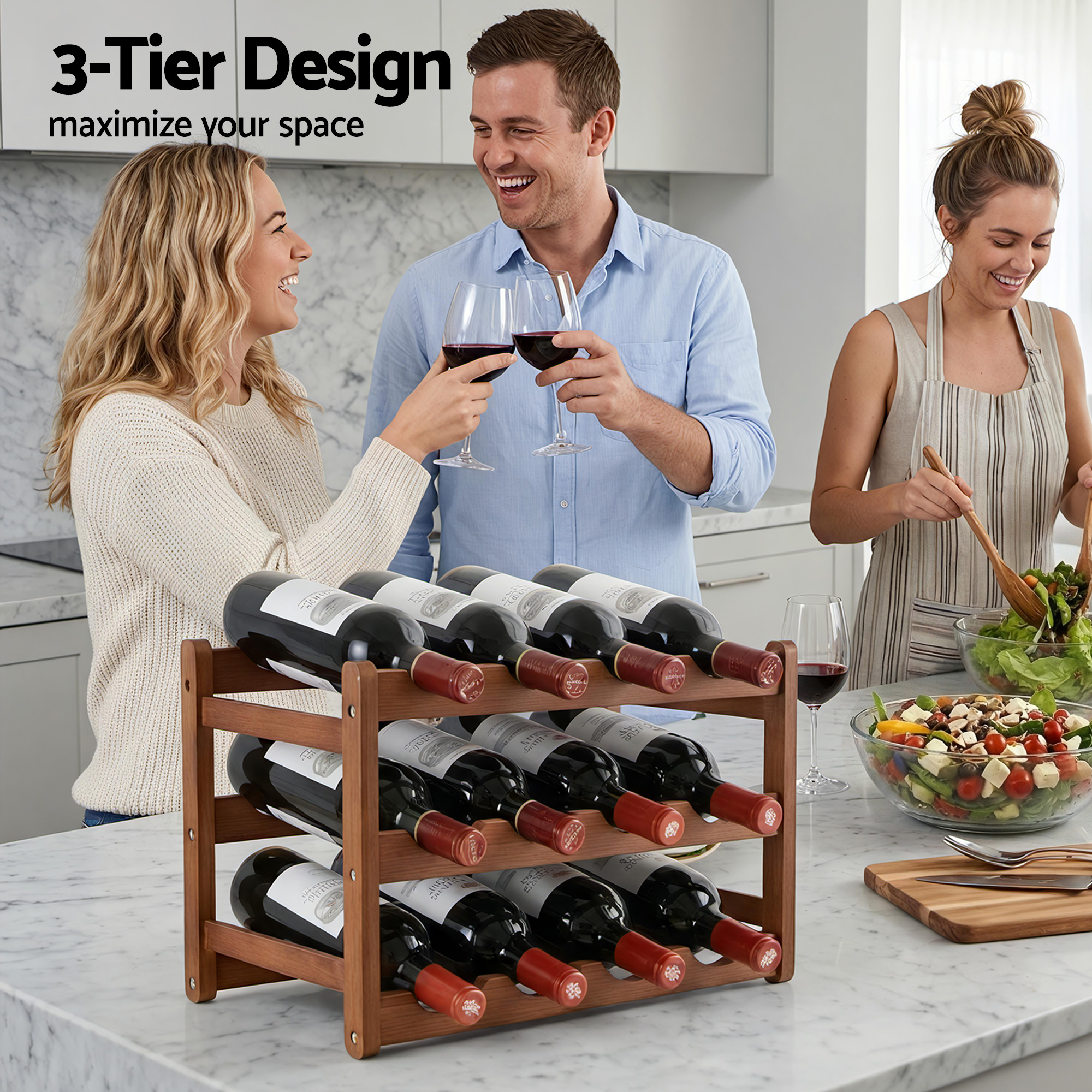 Artiss Bamboo Wine Rack 3-Tier Display Storage Organizer 12 Bottle Walnut - Image 4